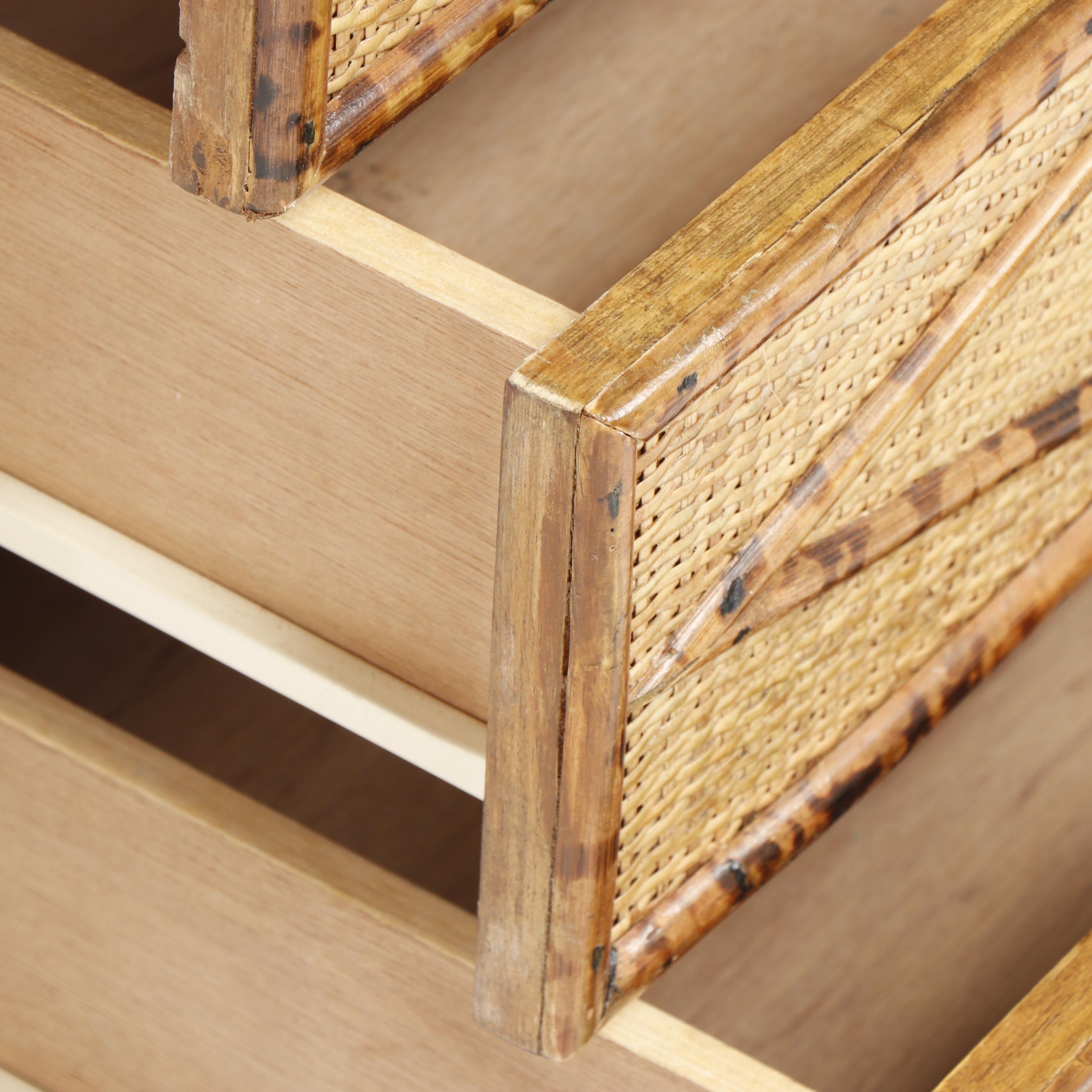 cane-woven wooden frame nightstand with three drawers, late 20th