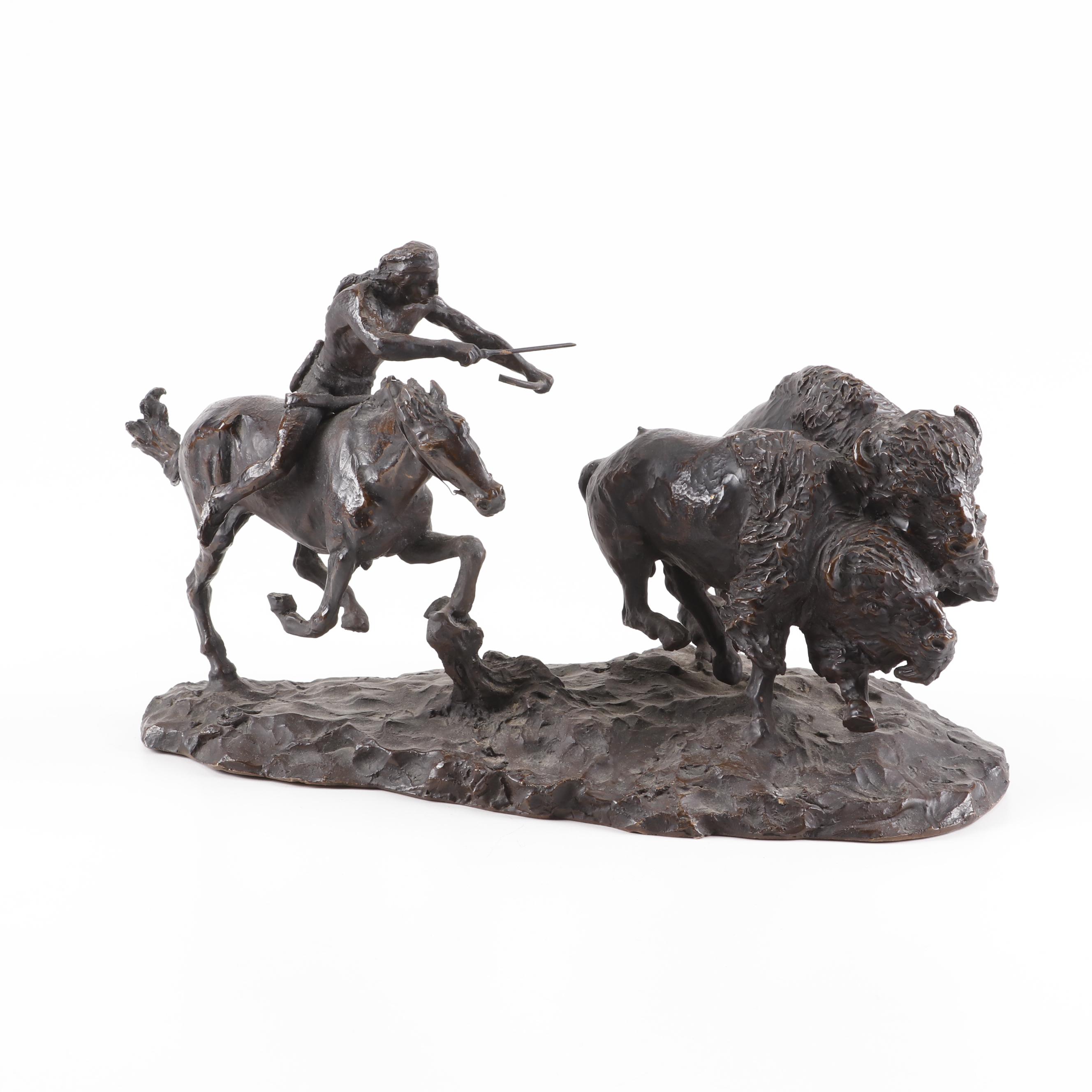 Cast Bronze Sculpture after Charles Russell "Buffalo Hunt" EBTH