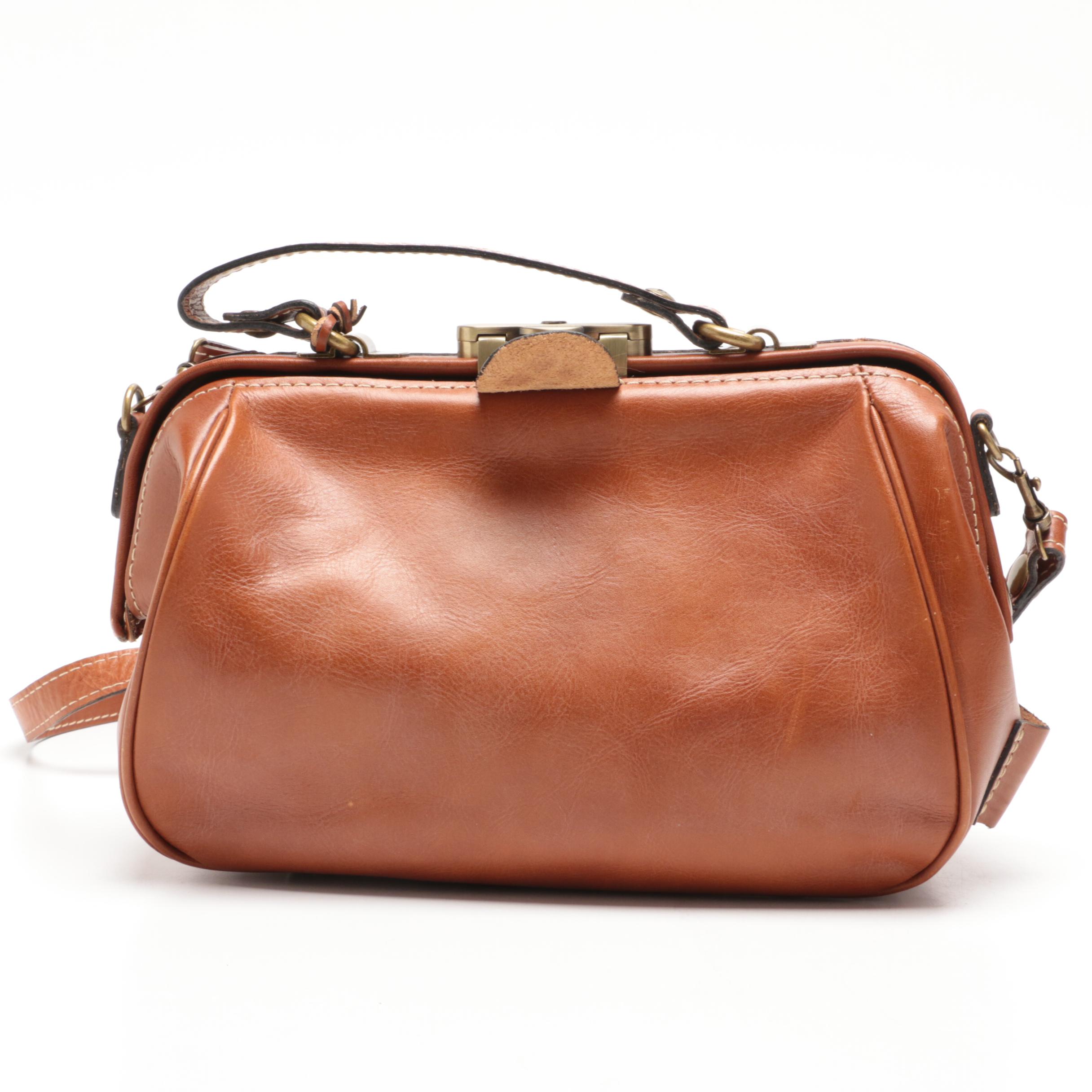 Patricia Nash Cognac Brown Italian Leather Frame Bag with Crossbody