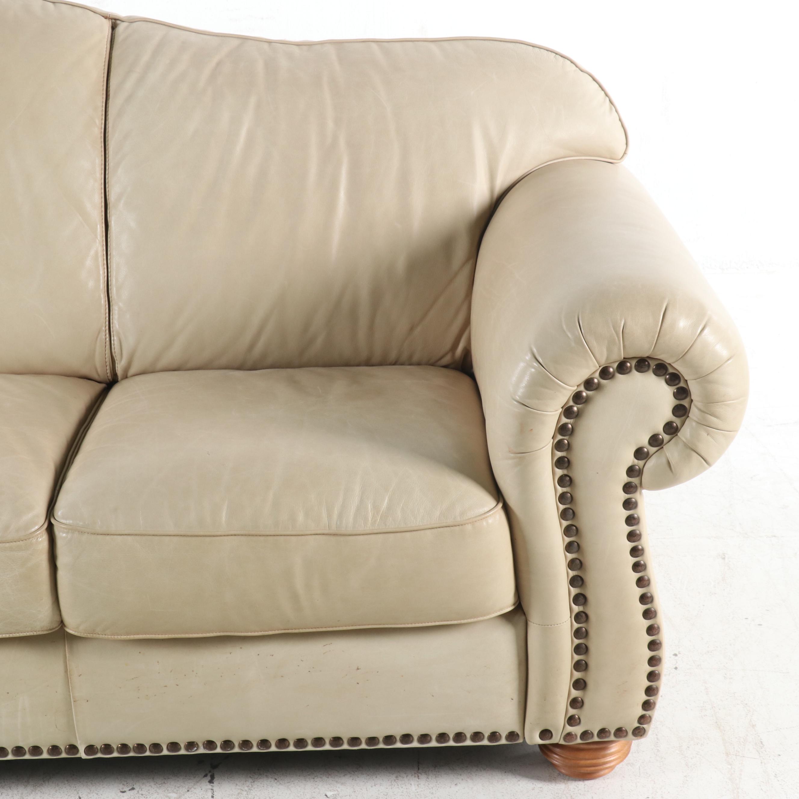 Contemporary Leather Camelback Sofa with Nailhead Trim EBTH