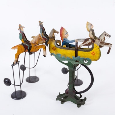 Handmade Western Themed Tin Kinetic Balancing Sculptures Handmade Western Themed Tin Kinetic Balancing Sculptures
