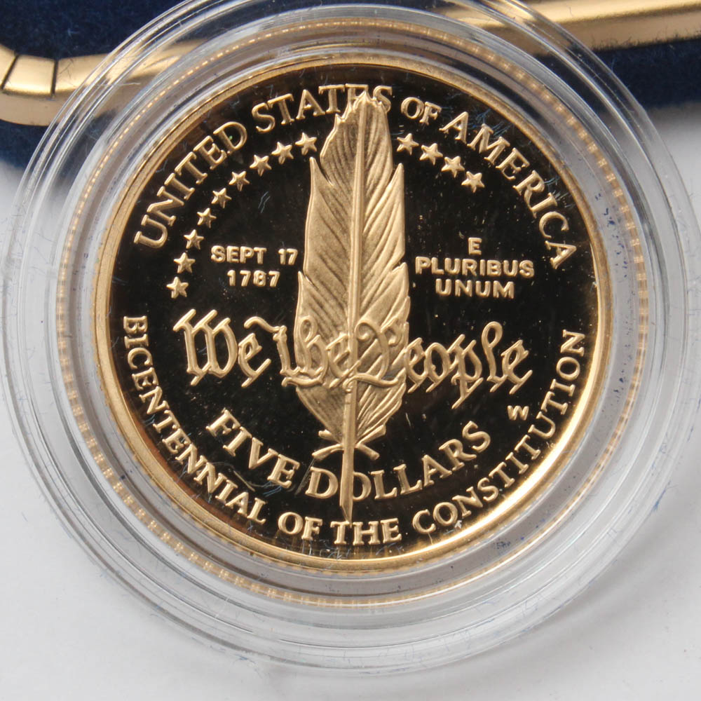 1987W U.S. Constitution Bicentennial 5 Commemorative Proof Gold Coin EBTH