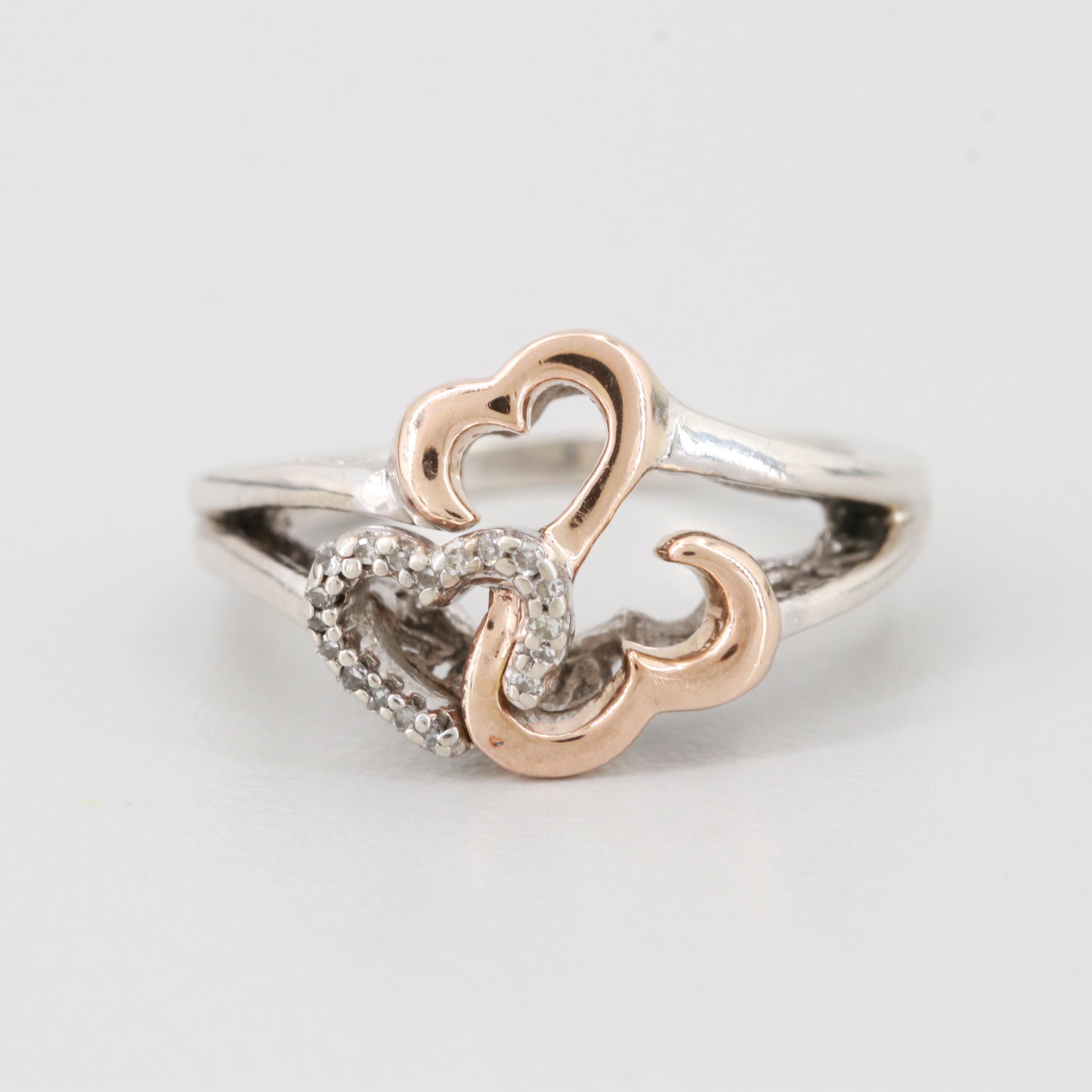 Jane Seymour Sterling Diamond "Open Heart" Ring with 14K Rose Gold Accents EBTH