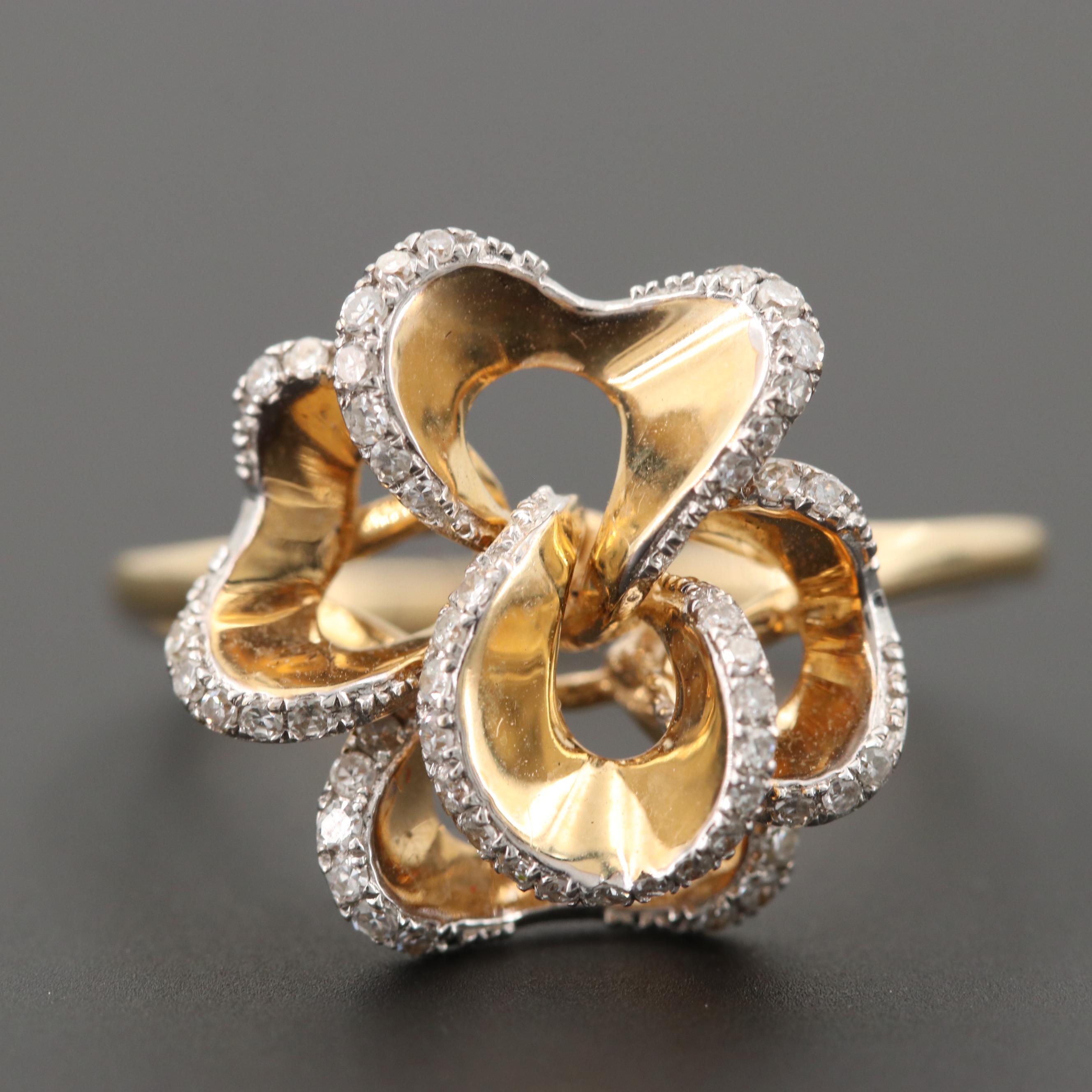 14K Yellow Gold Diamond Flower Ring EBTH