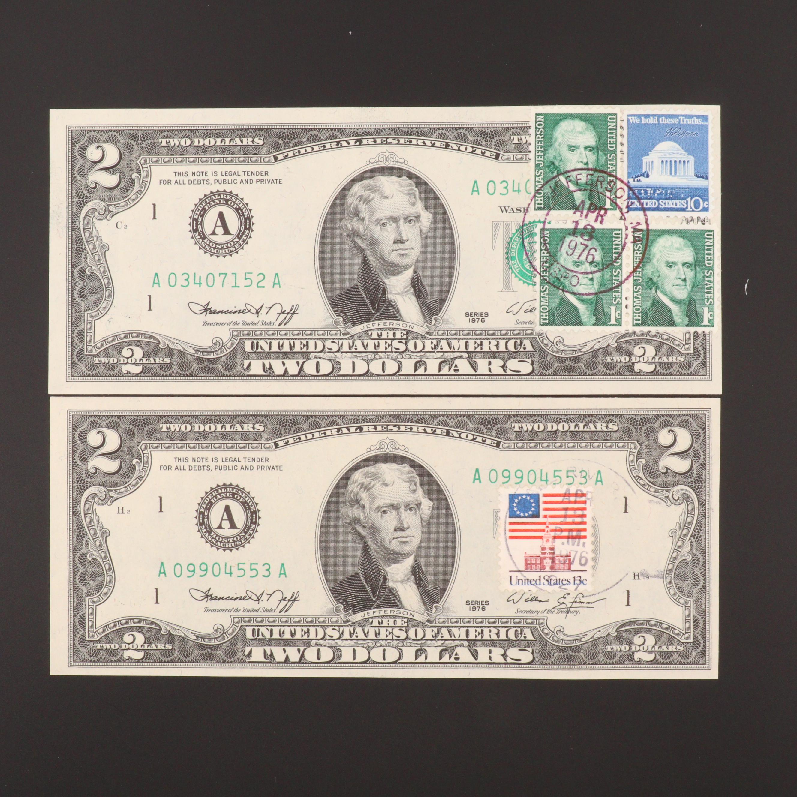 Six Series Of 1976 $2 Bicentennial Federal Reserve Notes With Postage ...