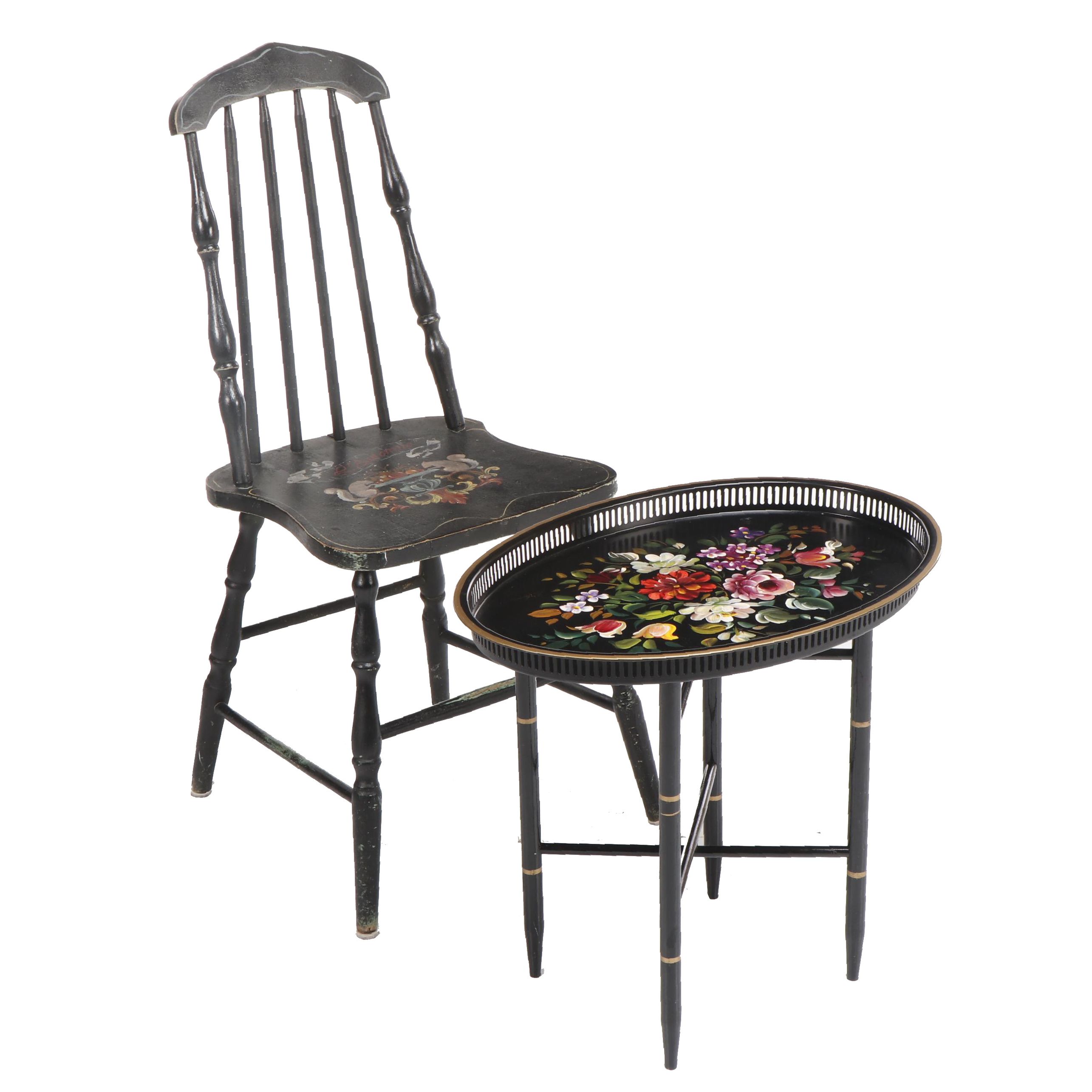 Nashco New York Tole Style Hand Painted Tray Table With Hall Chair