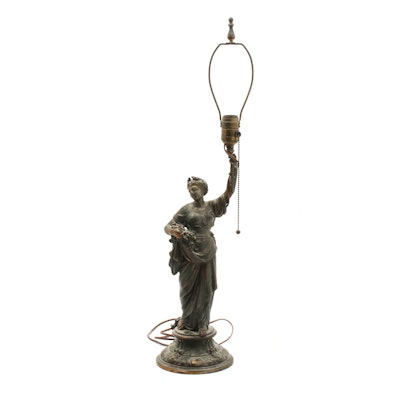 Neoclassical Style Female Figure Spelter Table Lamp, Mid-Century Neoclassical Style Female Figure Spelter Table Lamp, Mid-Century
