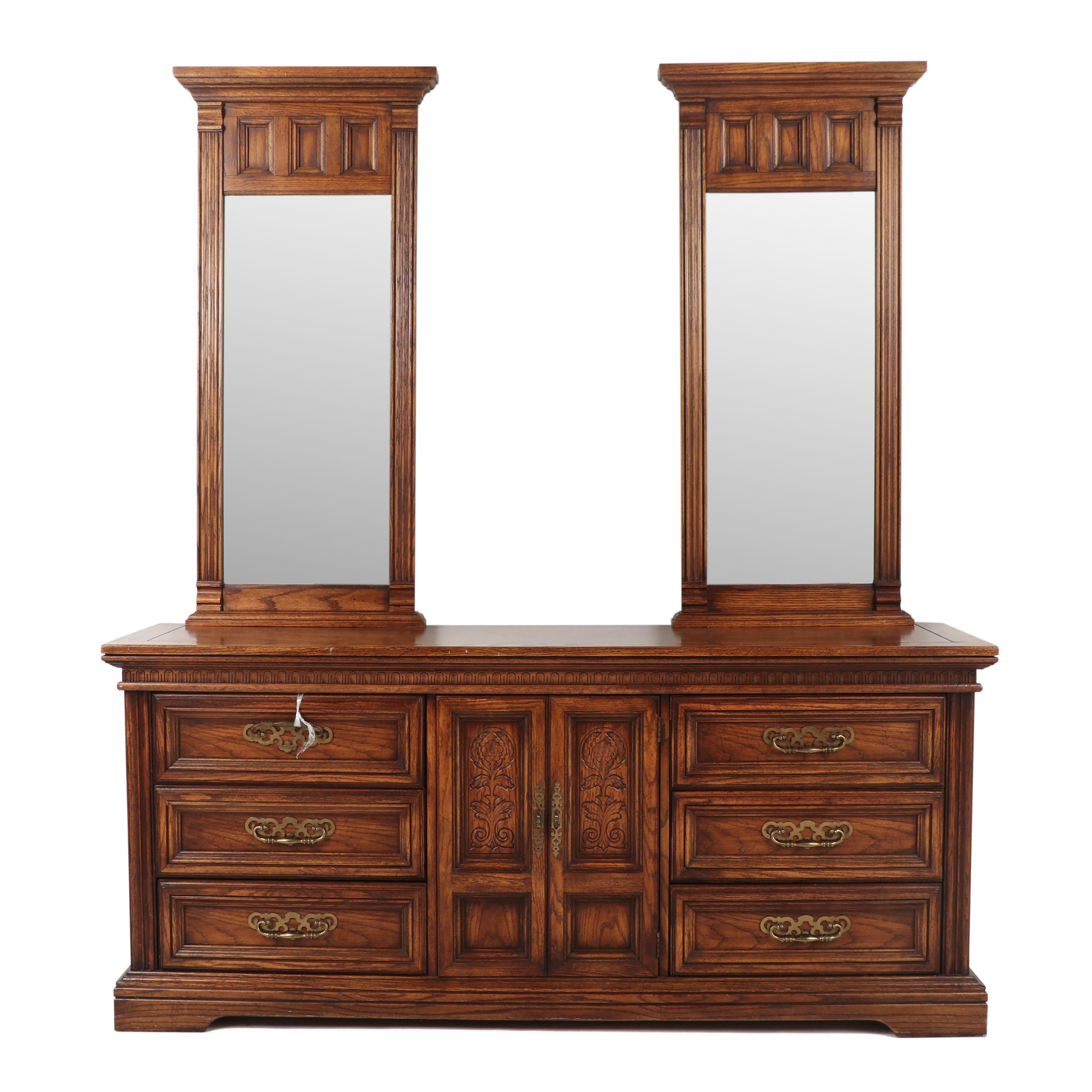 Transitional Oak Dresser With Pair Of Wall Hanging Mirrors 1970s