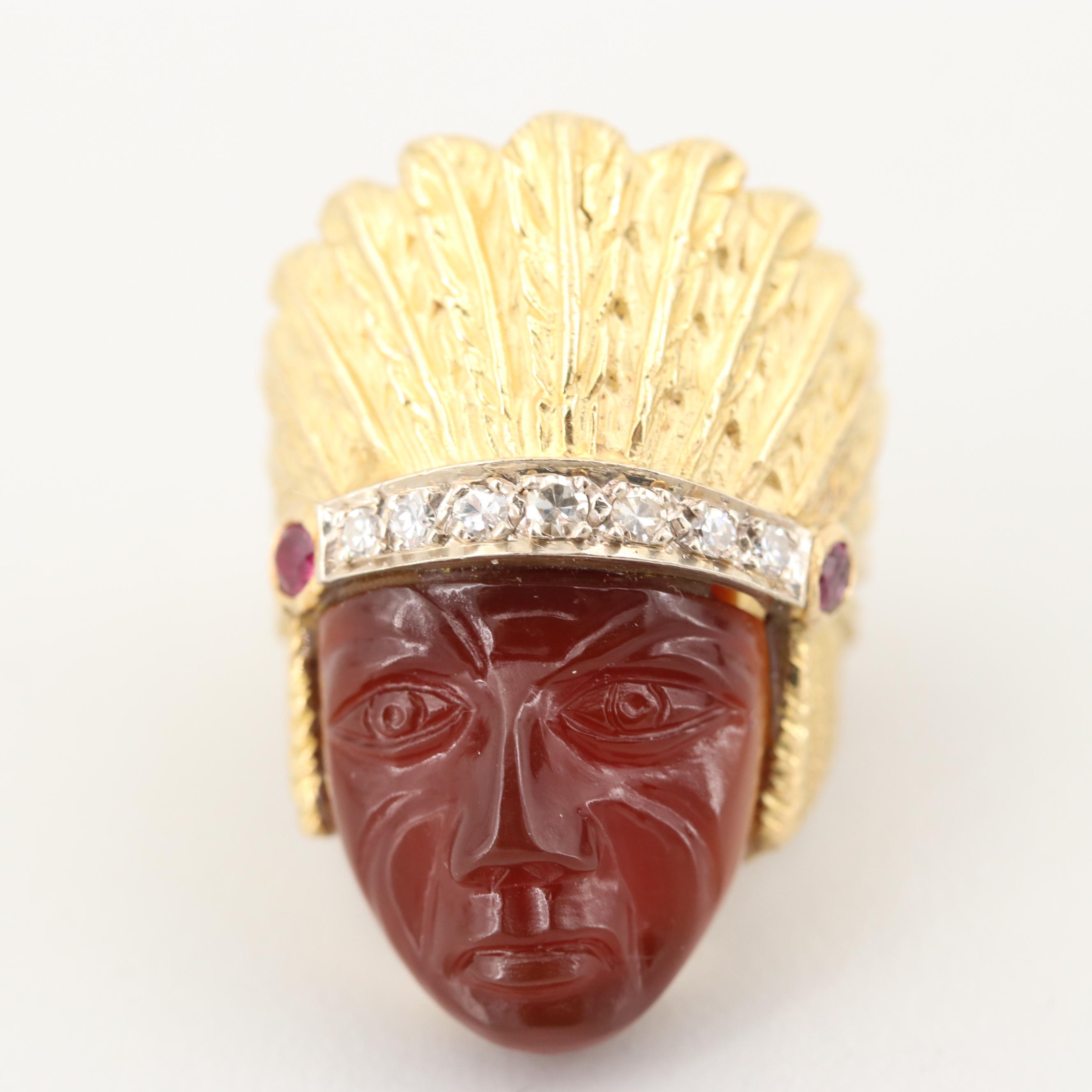 Vintage 14k Yellow Gold Carved Sard Ruby And Diamond Native