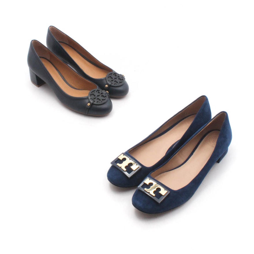 Tory Burch Navy Leather and Blue Suede Logo Low-Heeled Pumps | EBTH