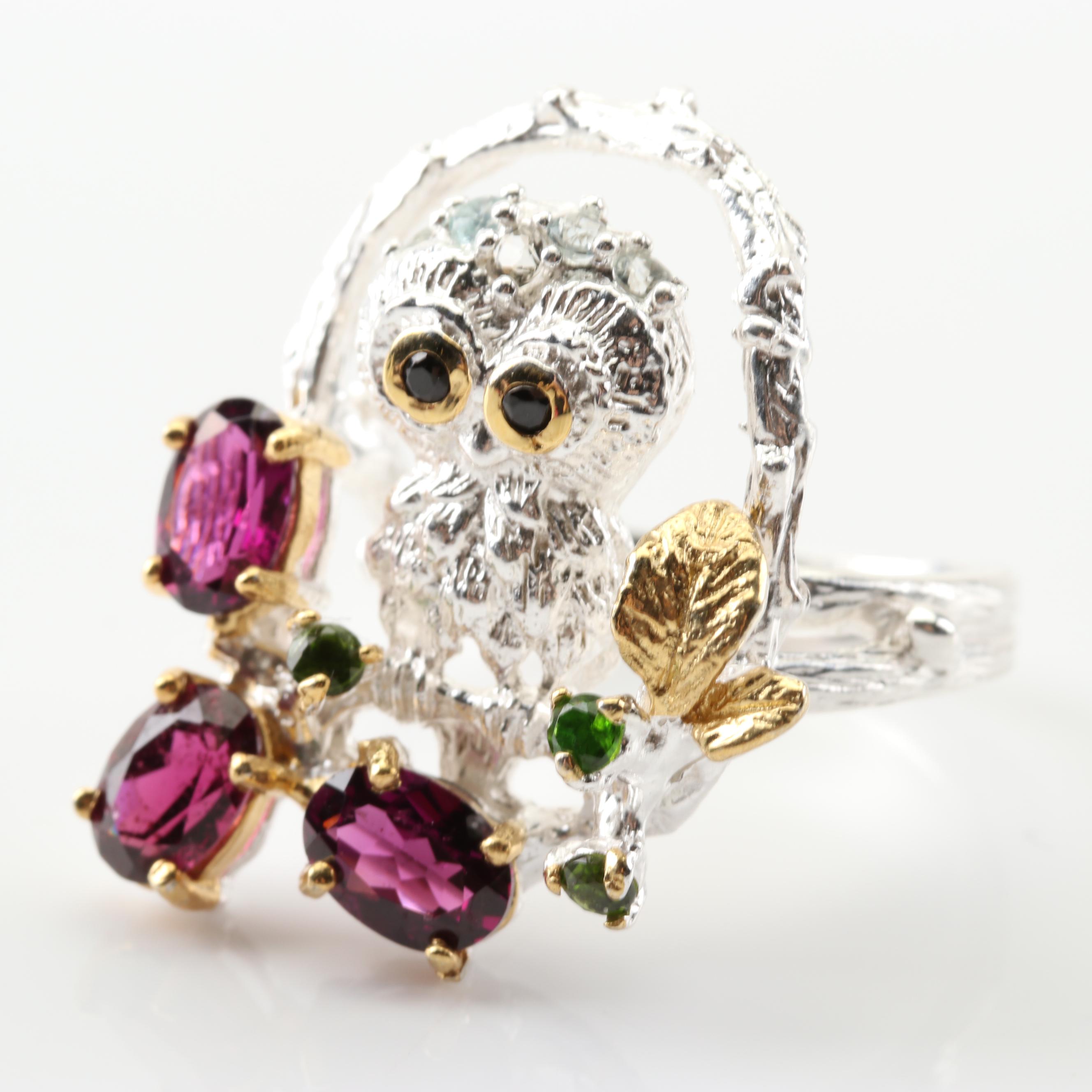 Sterling Silver Owl Ring with and Peridot Accents EBTH