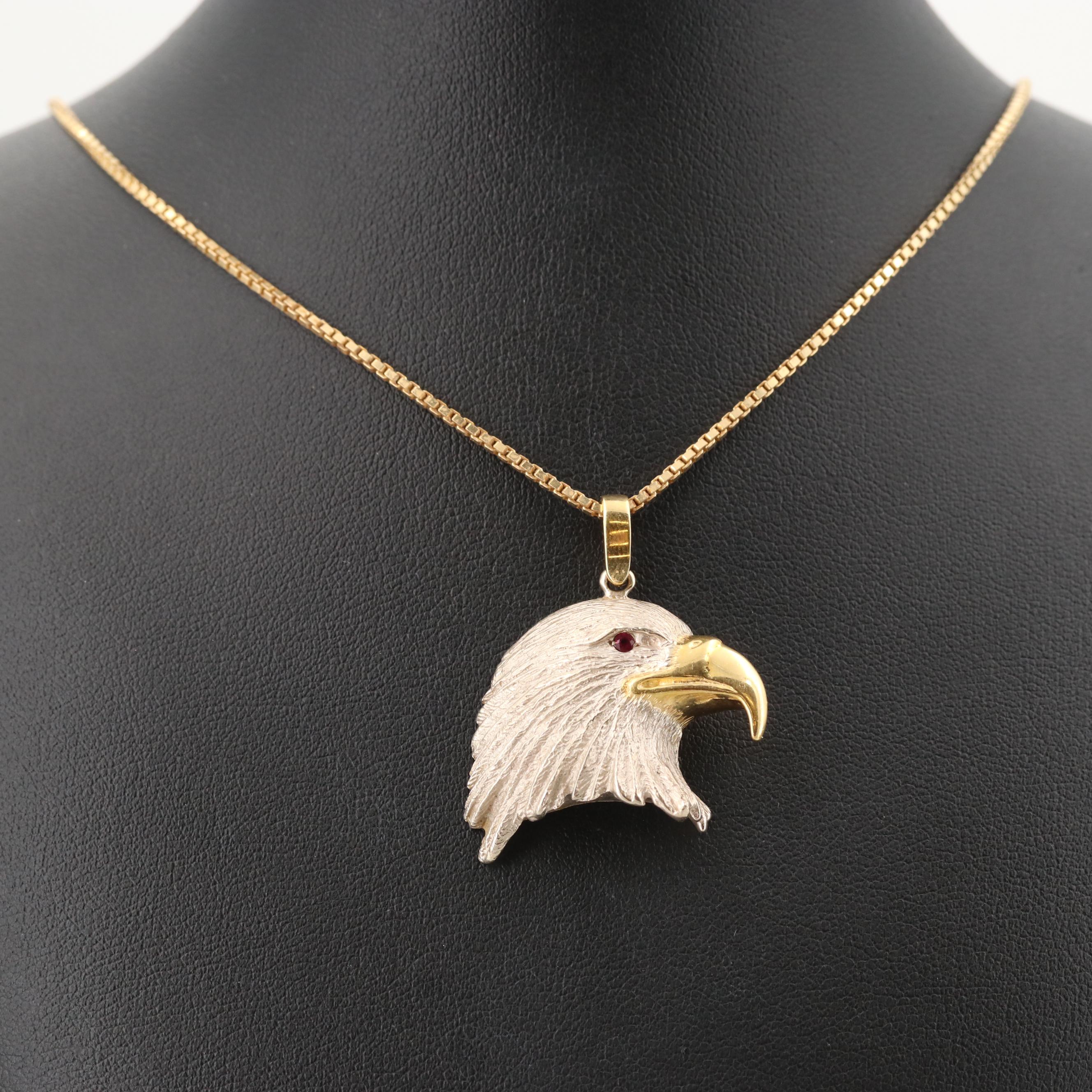 Gold Ruby Eagle Head Pendant Necklace 