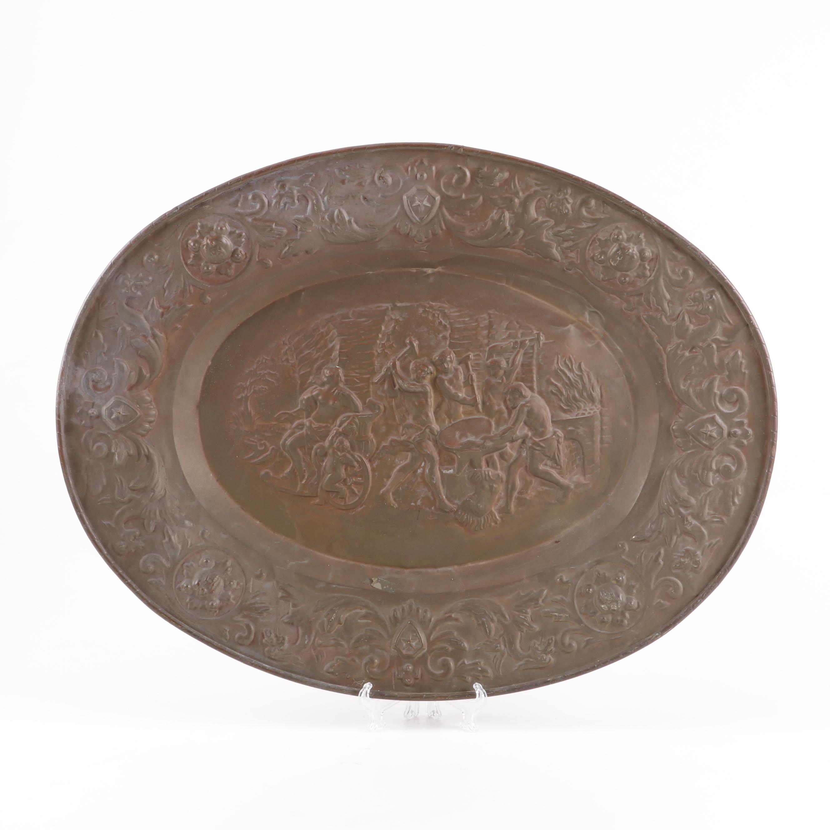 Repousse Brass Wall Hangings Depicting Tavern and Ancient Roman Scenes