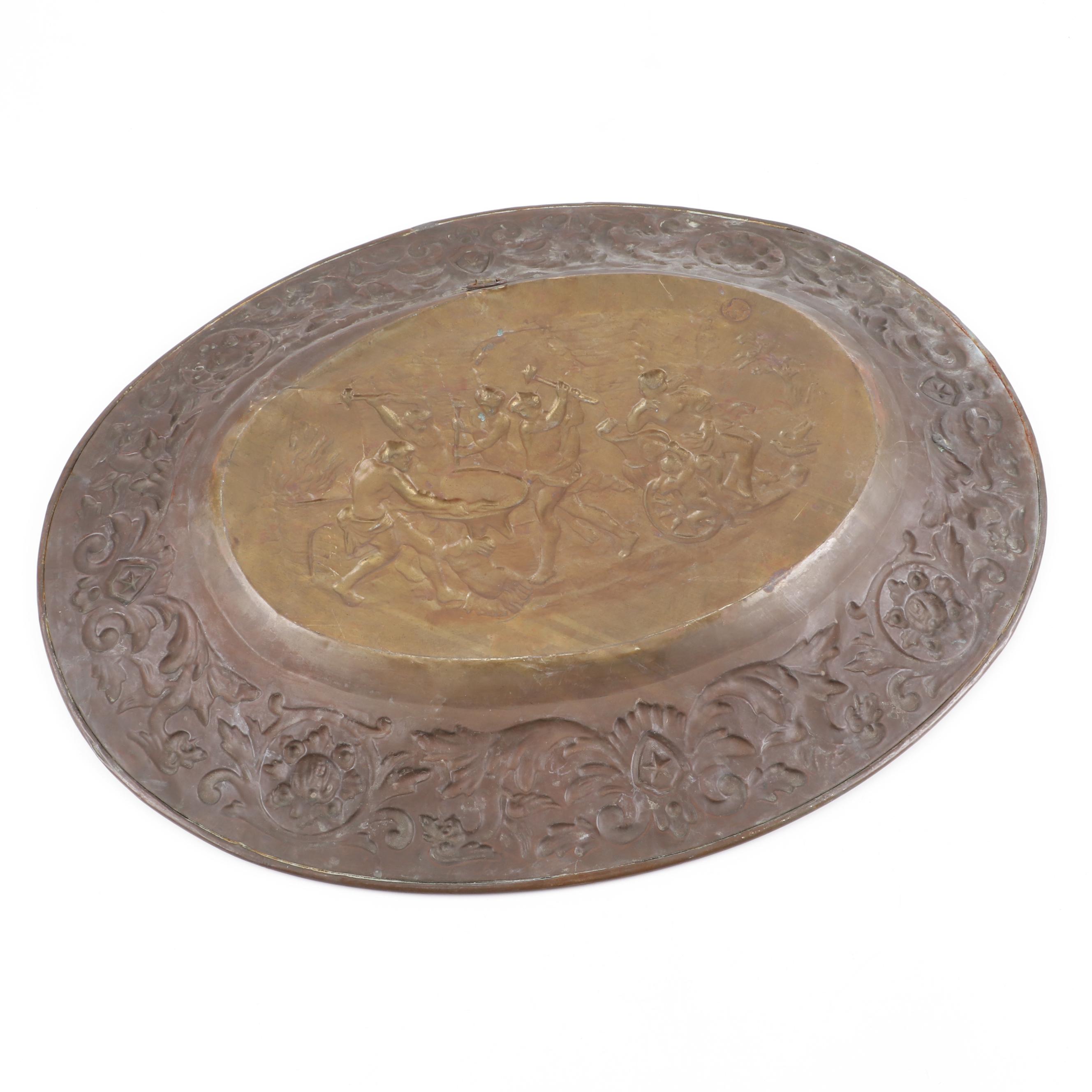 Repousse Brass Wall Hangings Depicting Tavern and Ancient Roman Scenes