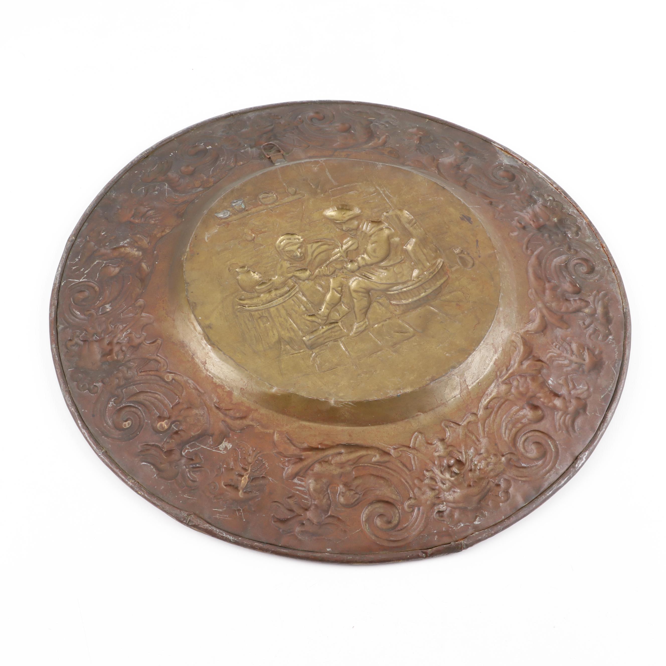 Repousse Brass Wall Hangings Depicting Tavern and Ancient Roman Scenes