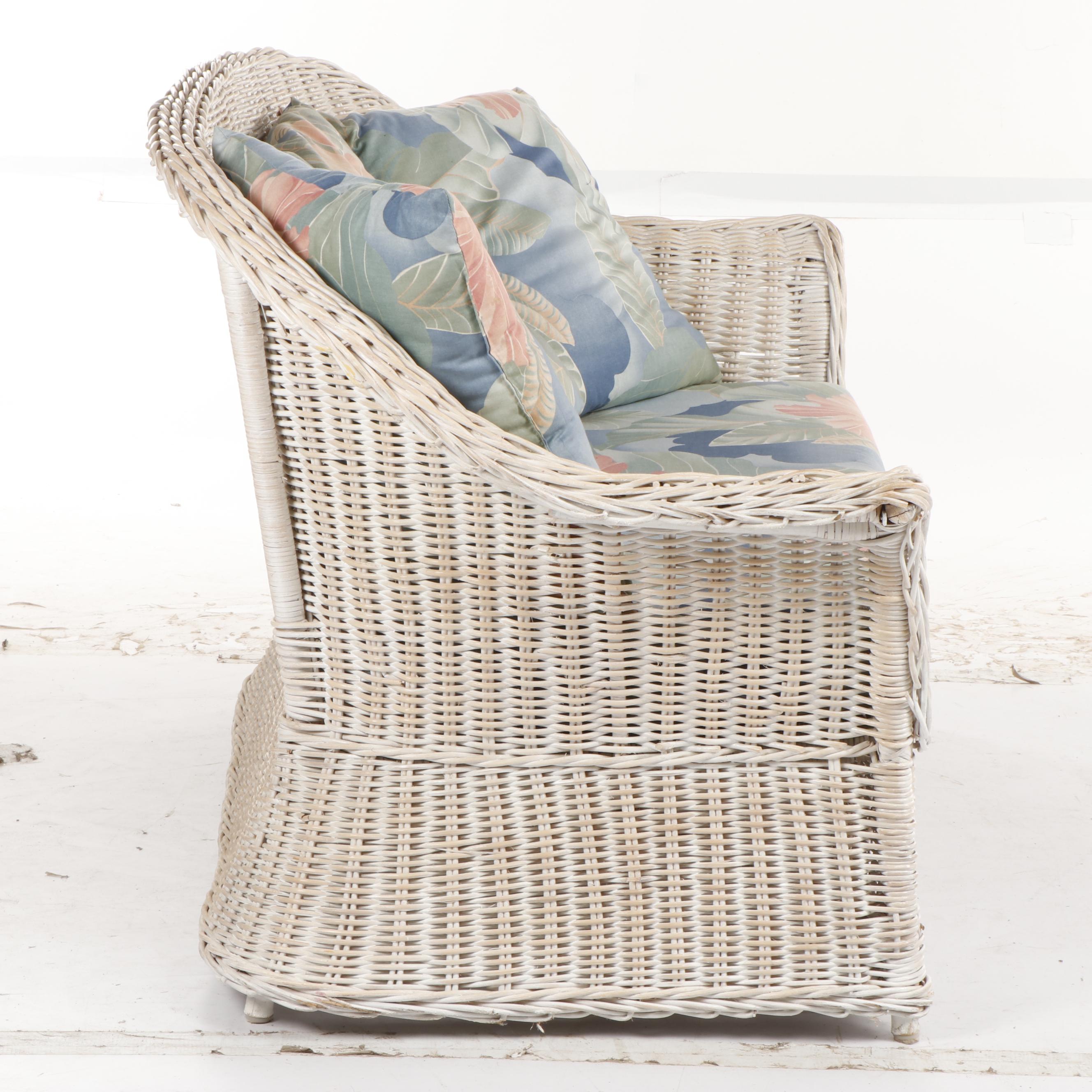 White Wicker Living Room Set with Tropical Floral Upholstery, Circa