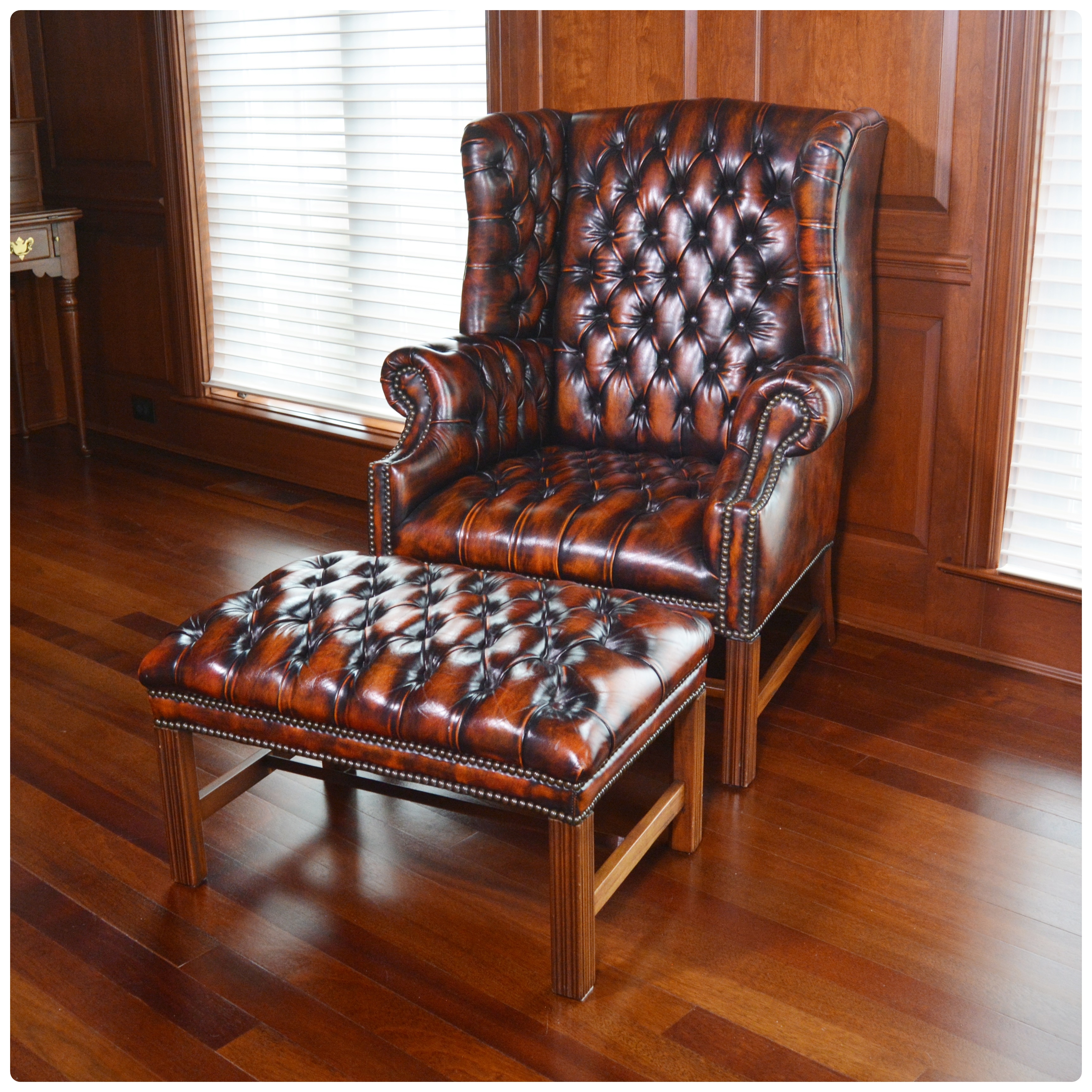 Tufted Wingback Mottled Leather Library Chair and Ottoman, Contemporary