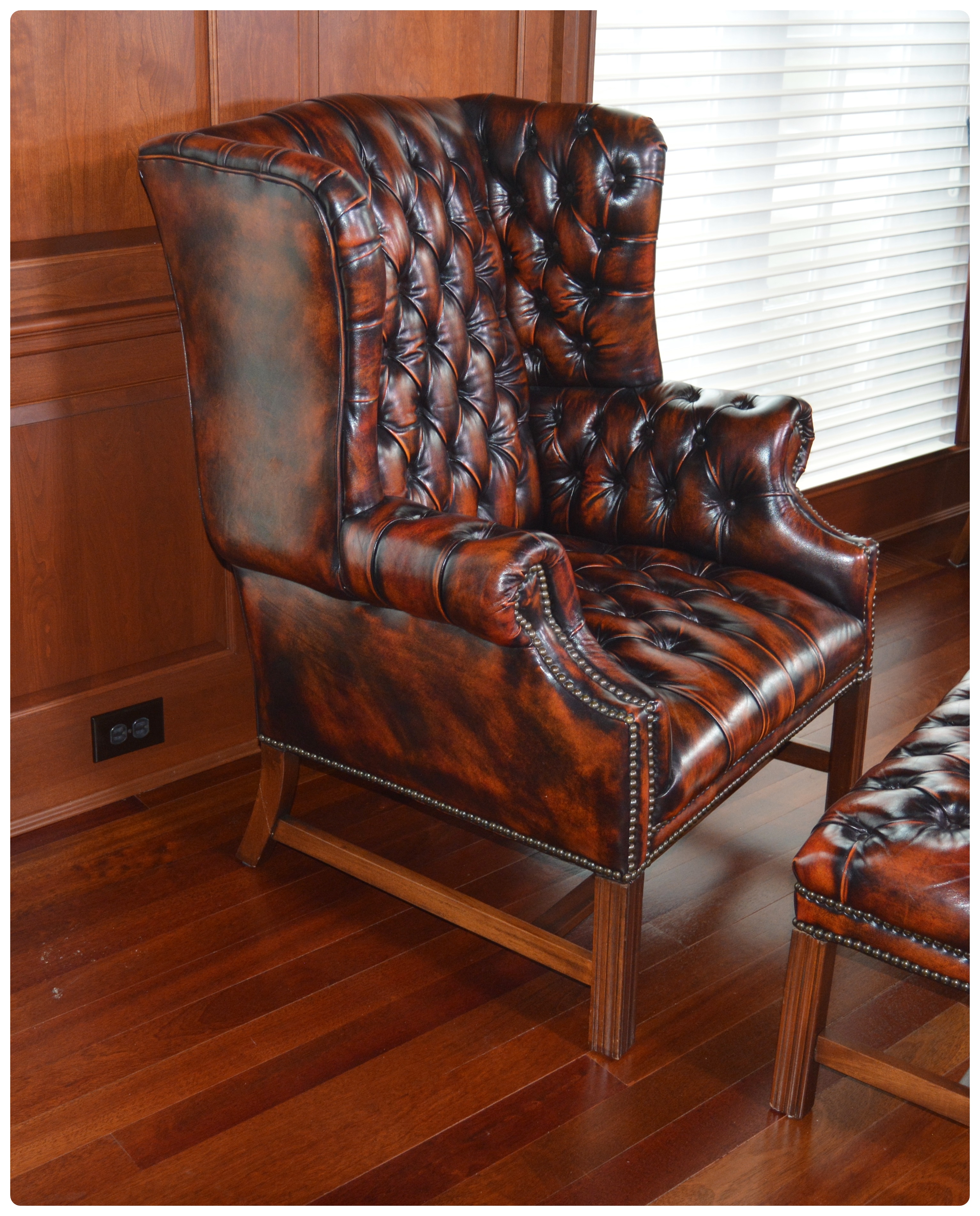 Tufted Wingback Mottled Leather Library Chair and Ottoman, Contemporary