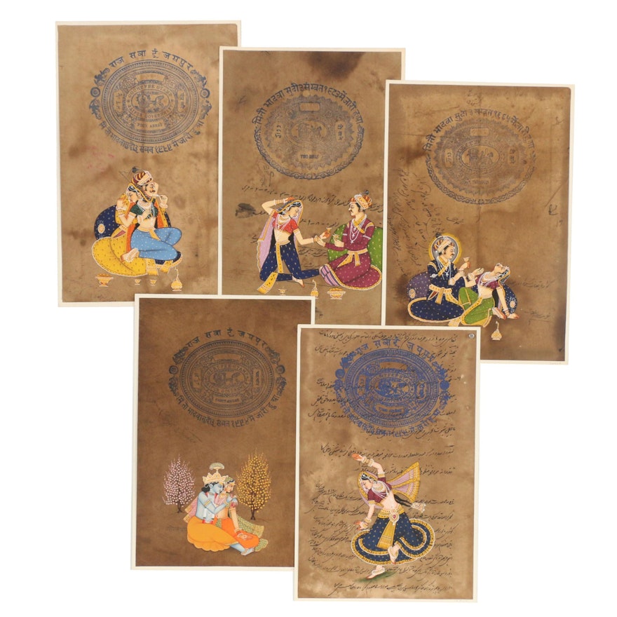 Mughal Style Goauche Paintings with Jaipur Revenue Stamps