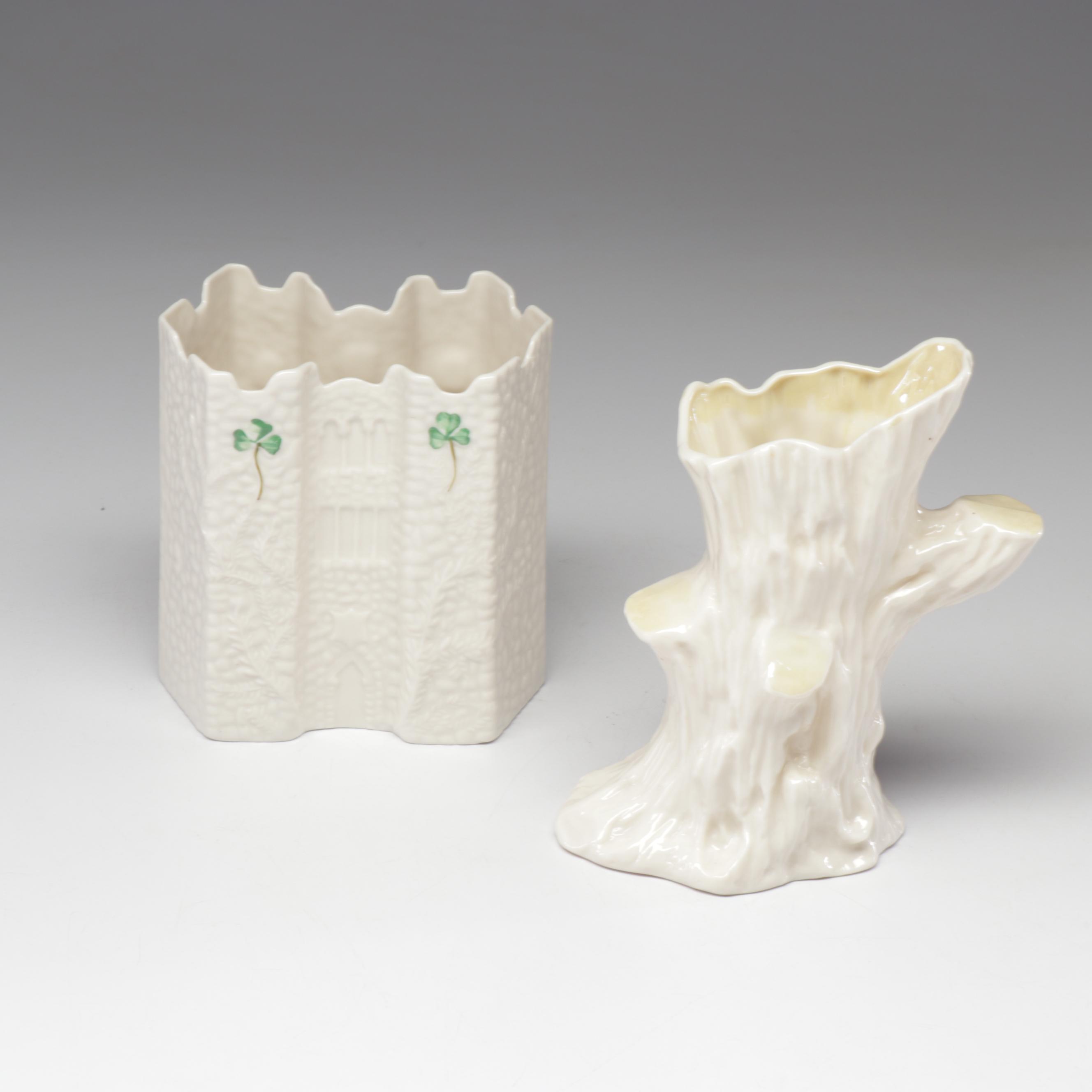 Belleek China Asheland Castle Vase And Tree Stump Vase Ebth