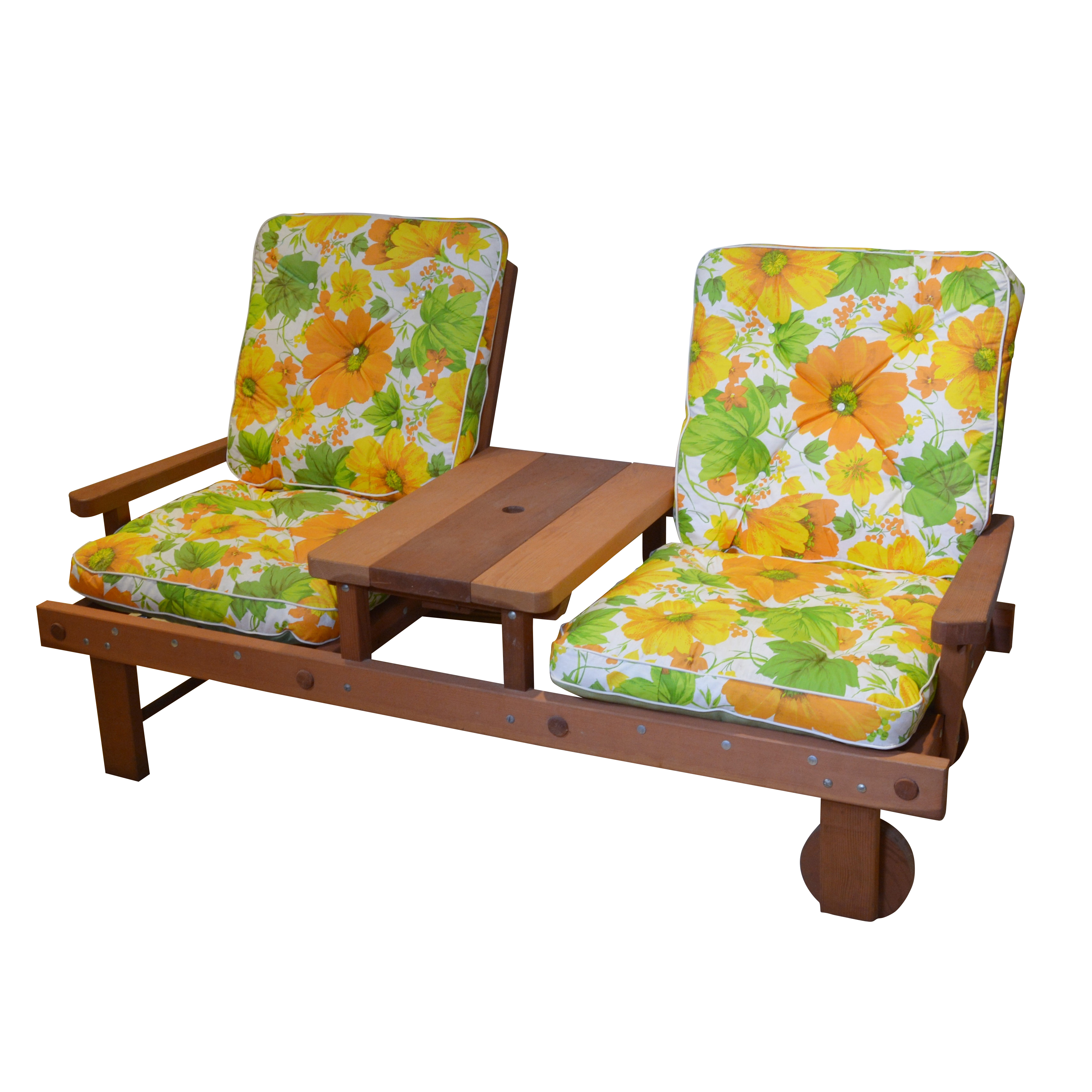 Cedar Two Seat Patio Bench with Center Table, Mid20th Century EBTH