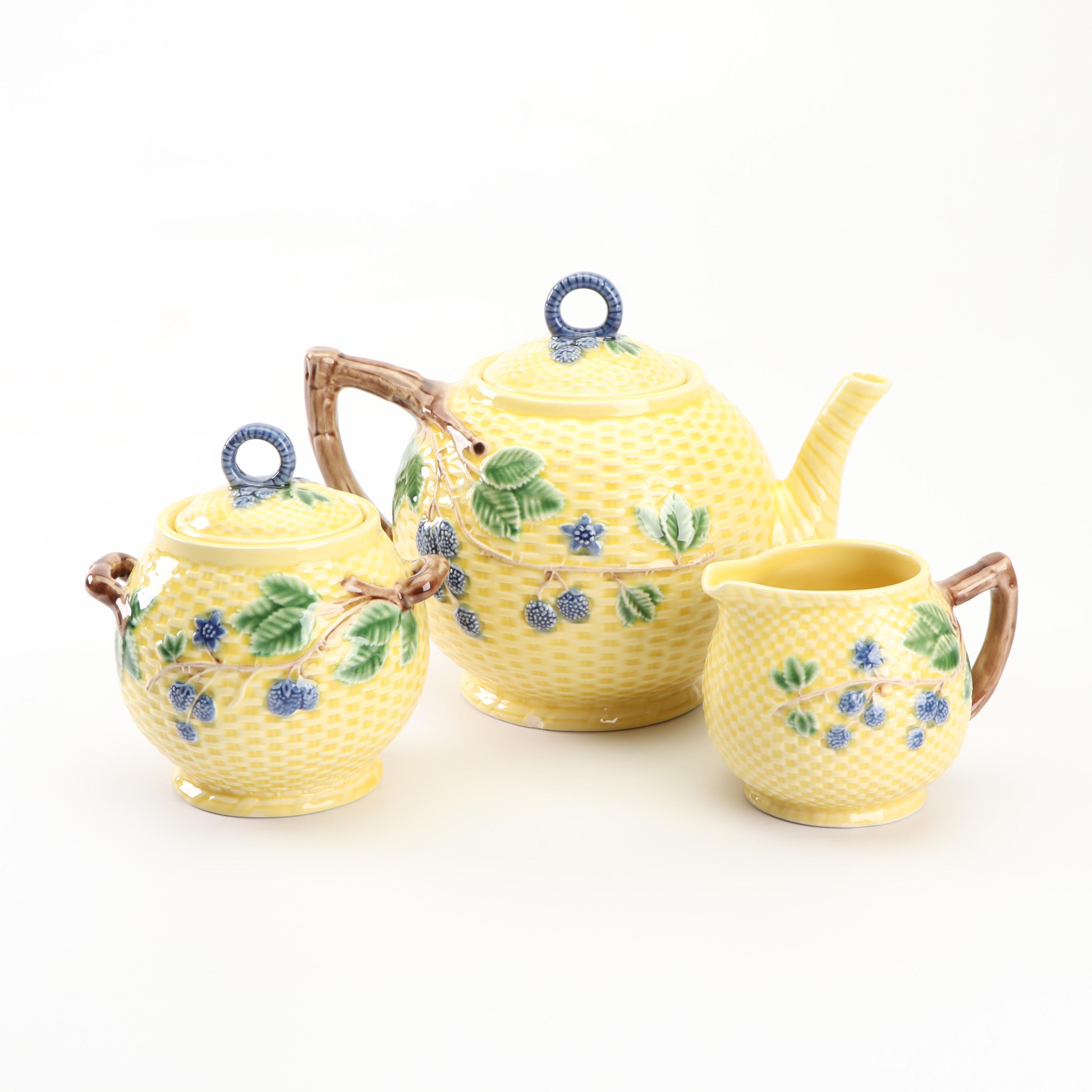 Tiffany & Co. Majolica "Blackberries" Teapot with Creamer and Sugar