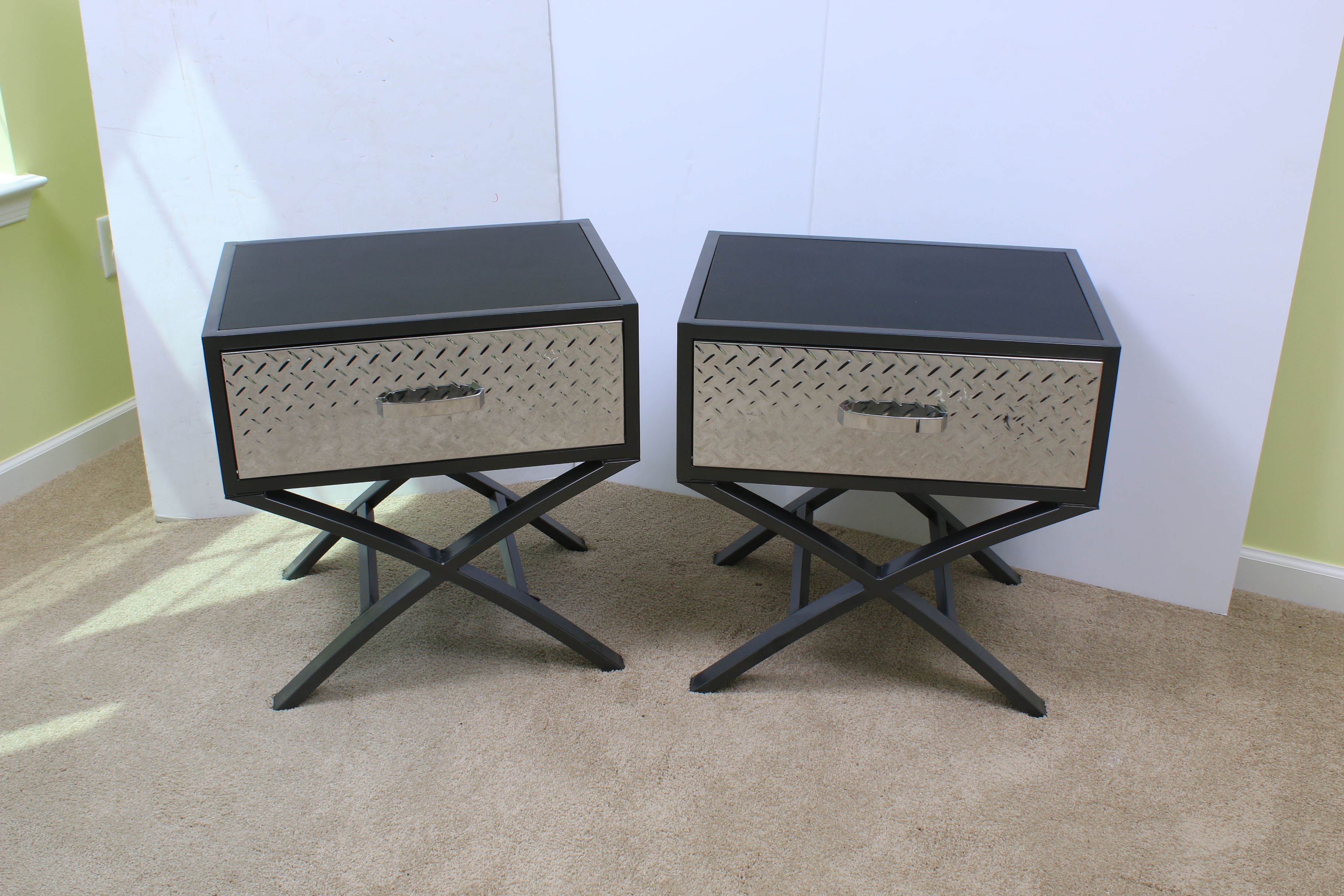 Pair of Contemporary Chrome and Black Metal Nightstands EBTH