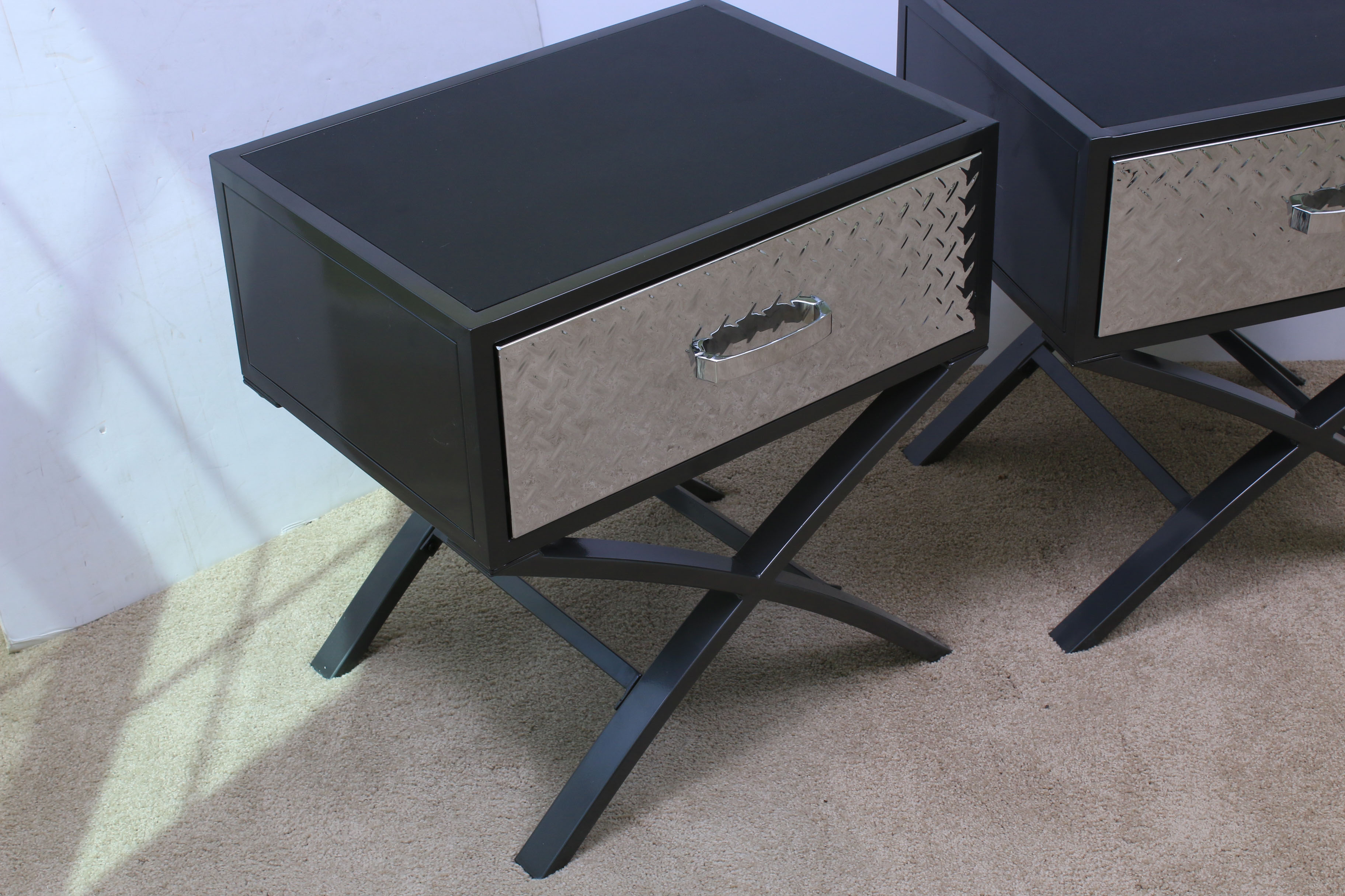 Pair of Contemporary Chrome and Black Metal Nightstands EBTH