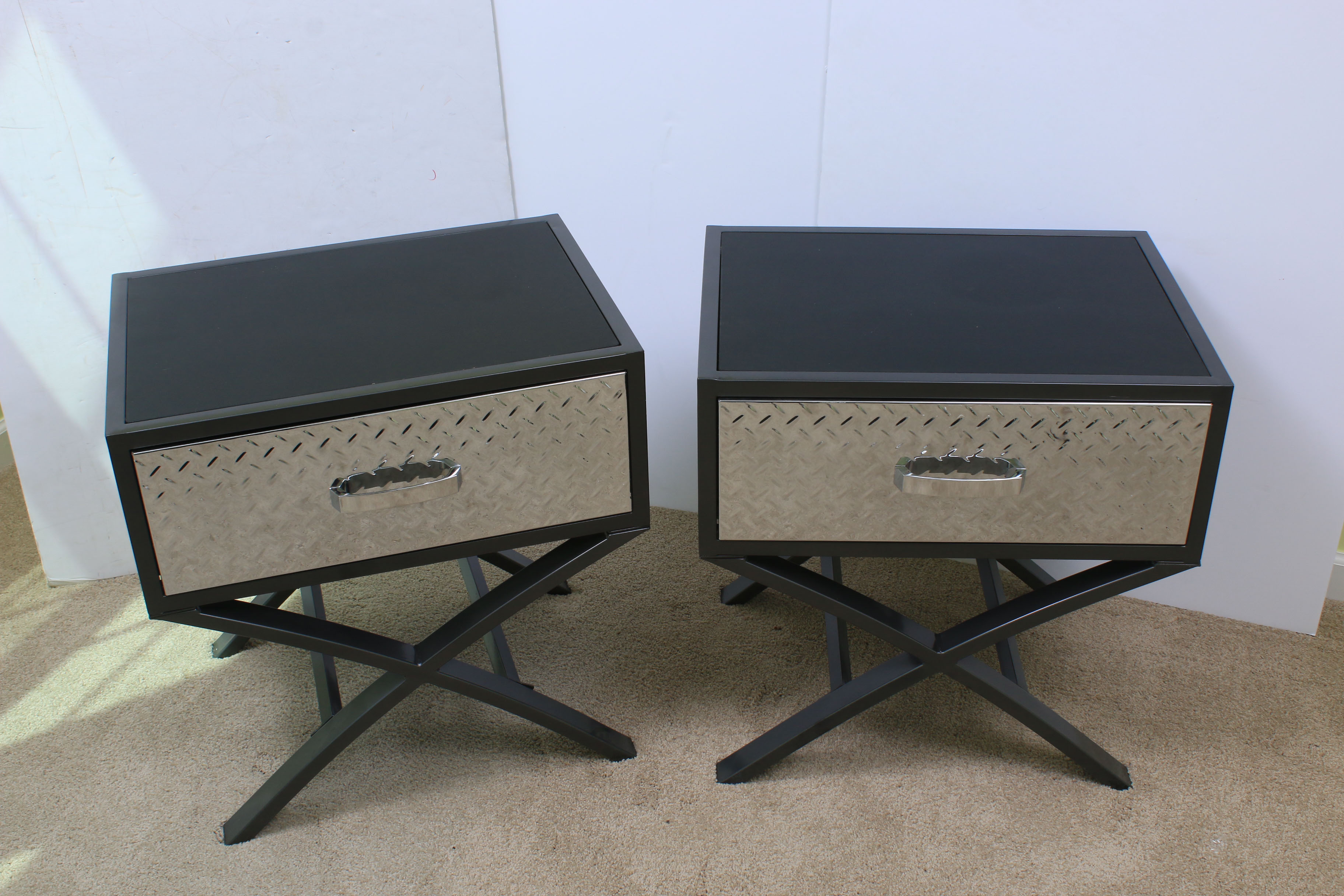 Pair of Contemporary Chrome and Black Metal Nightstands EBTH