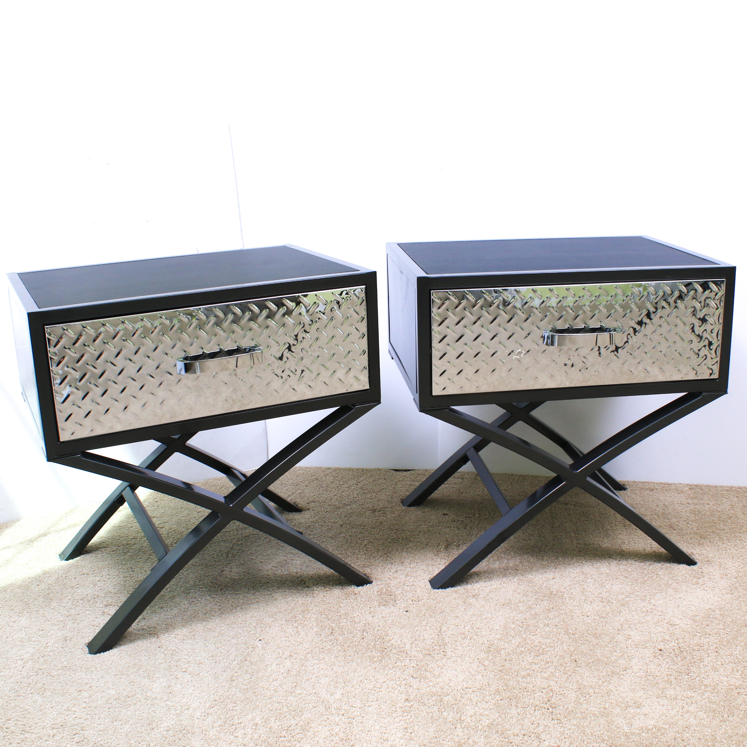 Pair of Contemporary Chrome and Black Metal Nightstands EBTH