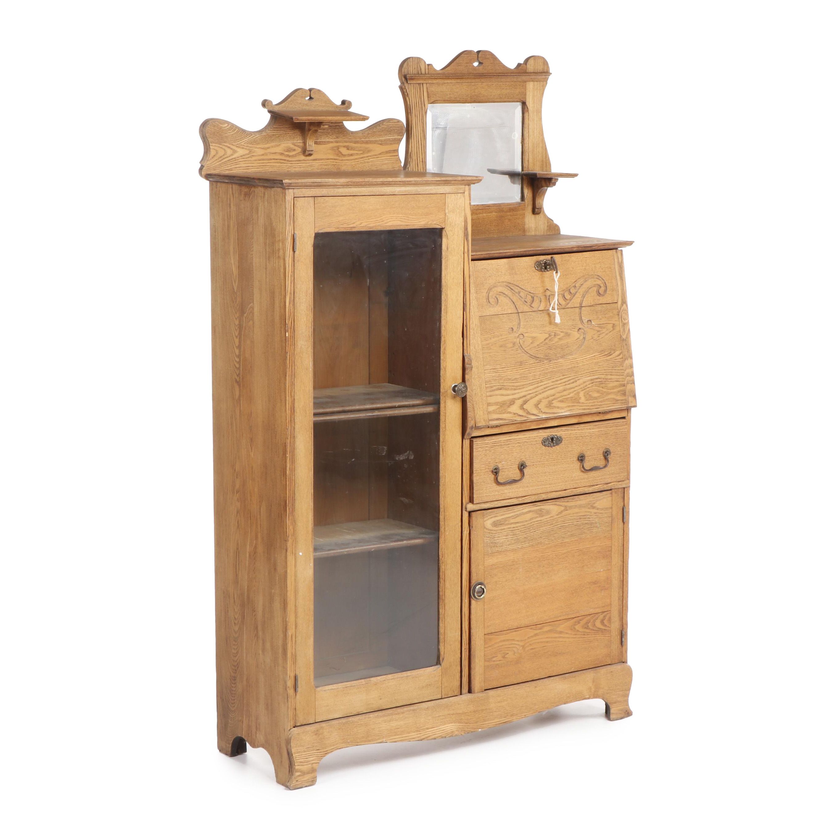 Late Victorian Oak Drop Front Secretary Desk And Bookcase Early