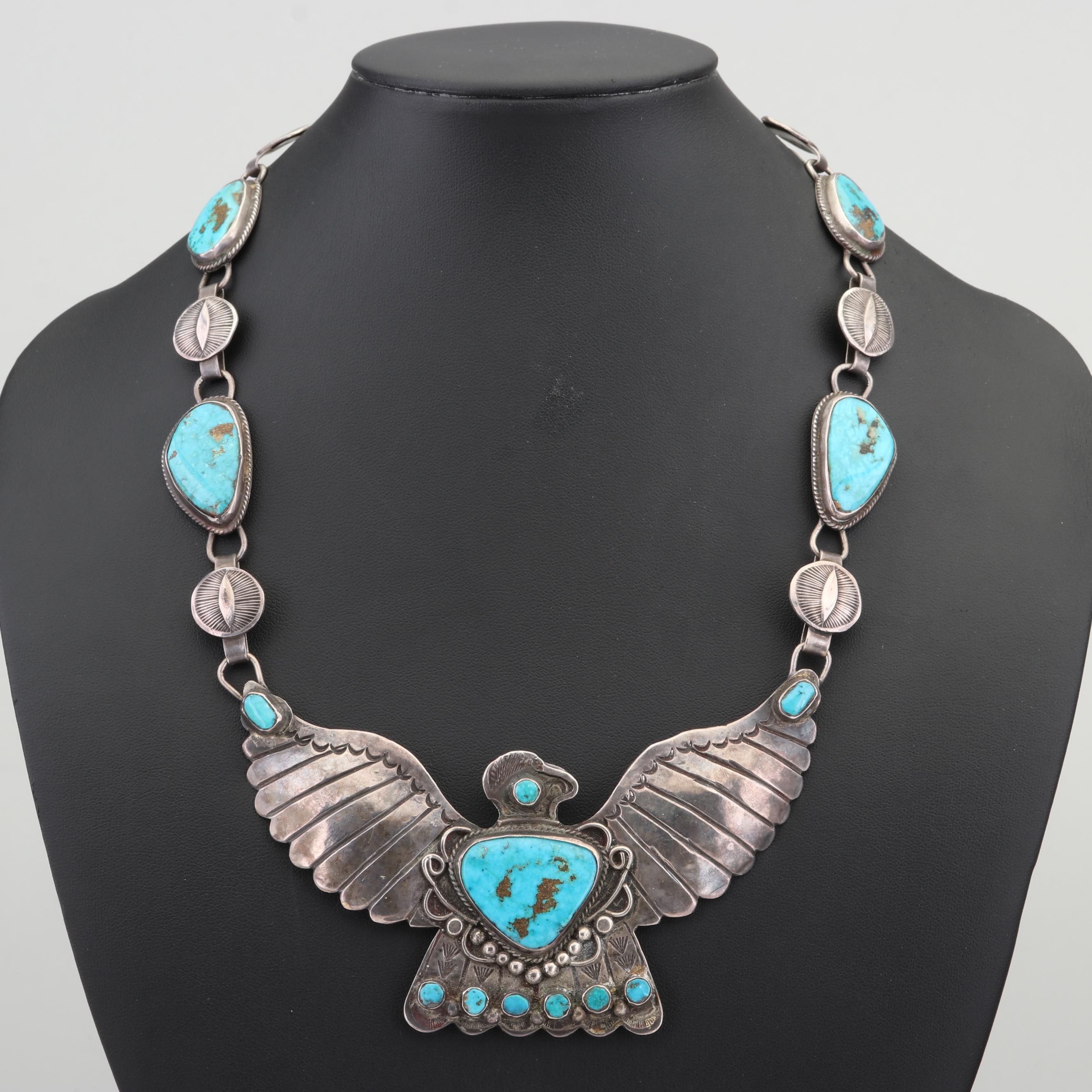 Art Lewis Choctaw Sterling Silver Thunderbird Pendant Turquoise