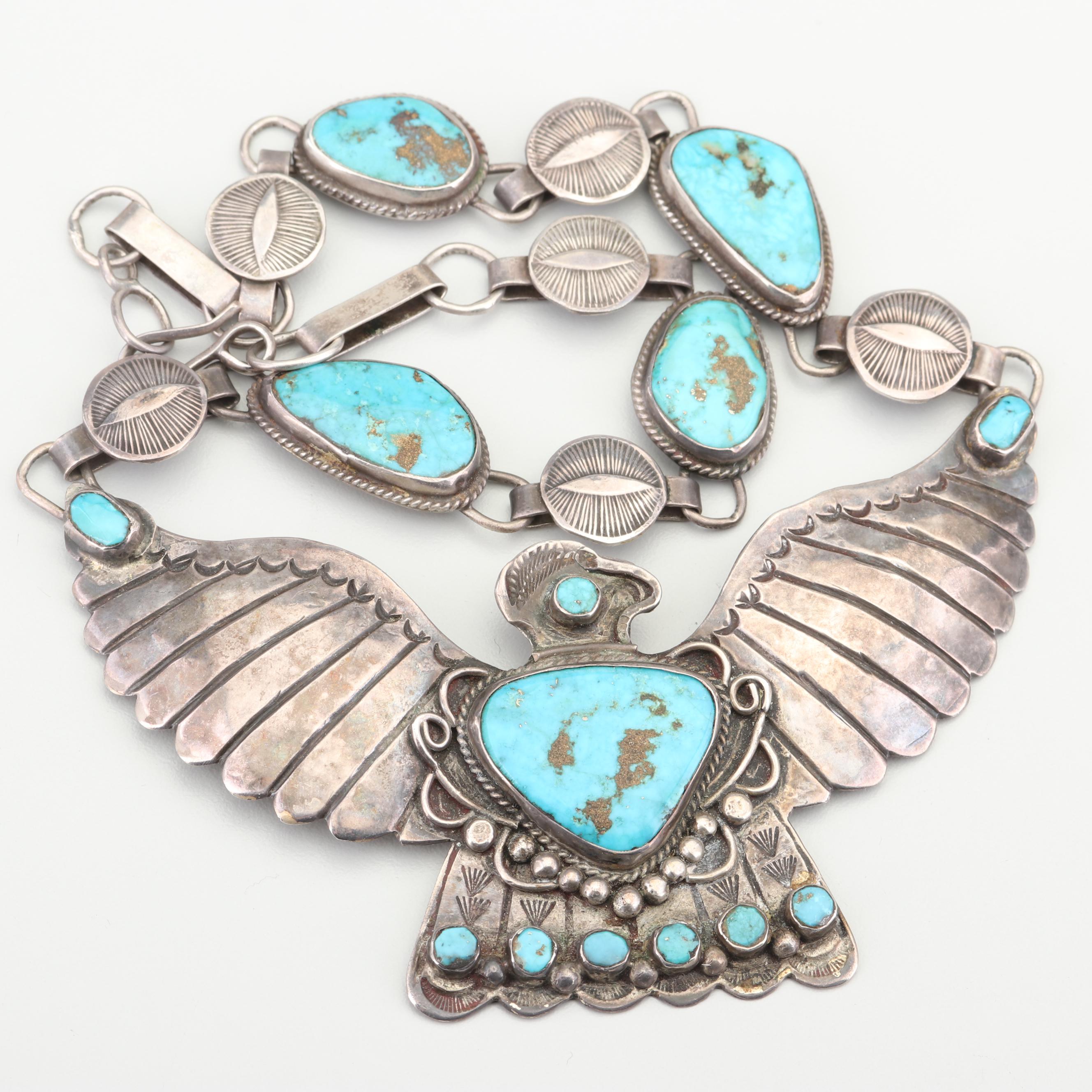 Art Lewis Choctaw Sterling Silver Thunderbird Pendant Turquoise