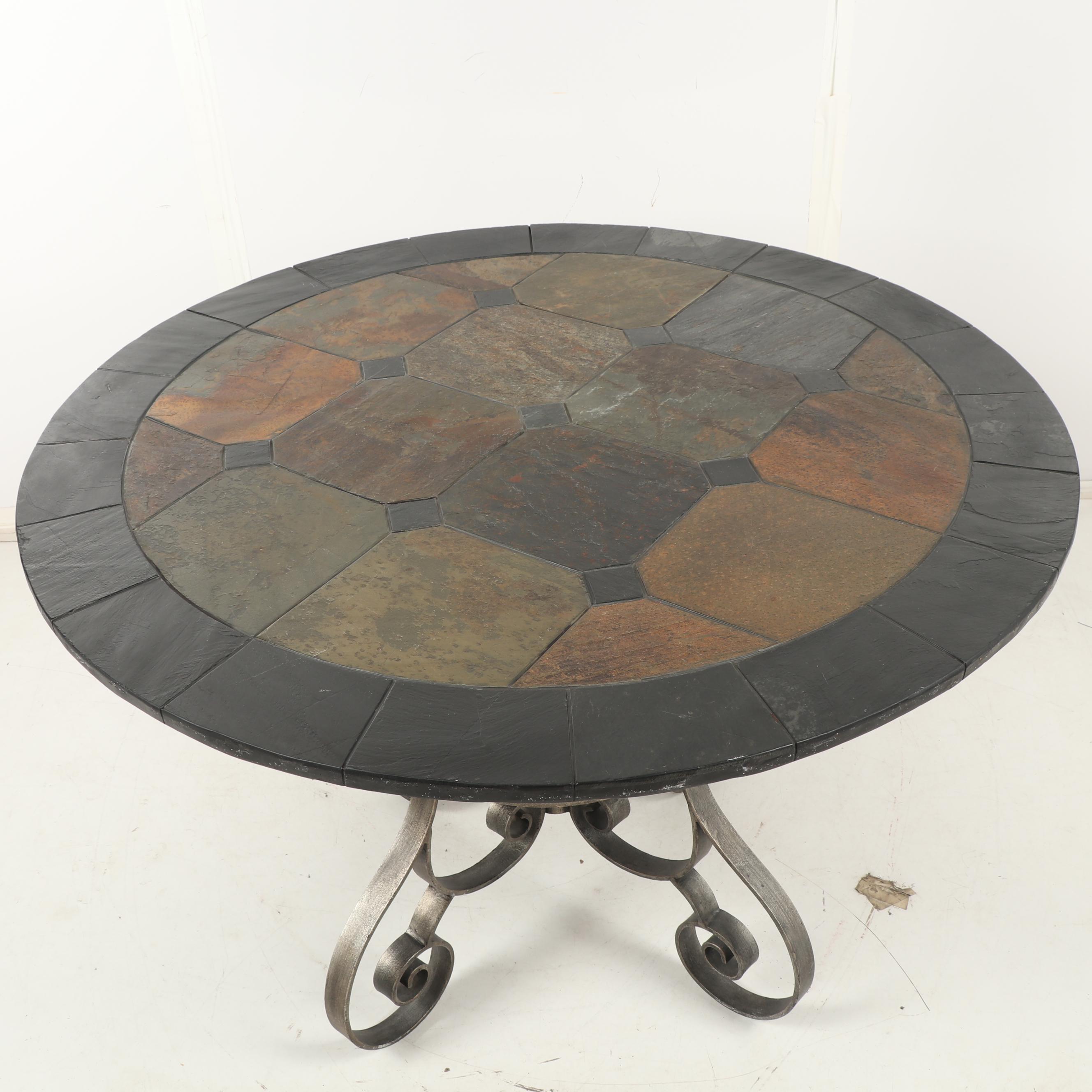 Contemporary Steel and Slate Top Round Dining Table EBTH