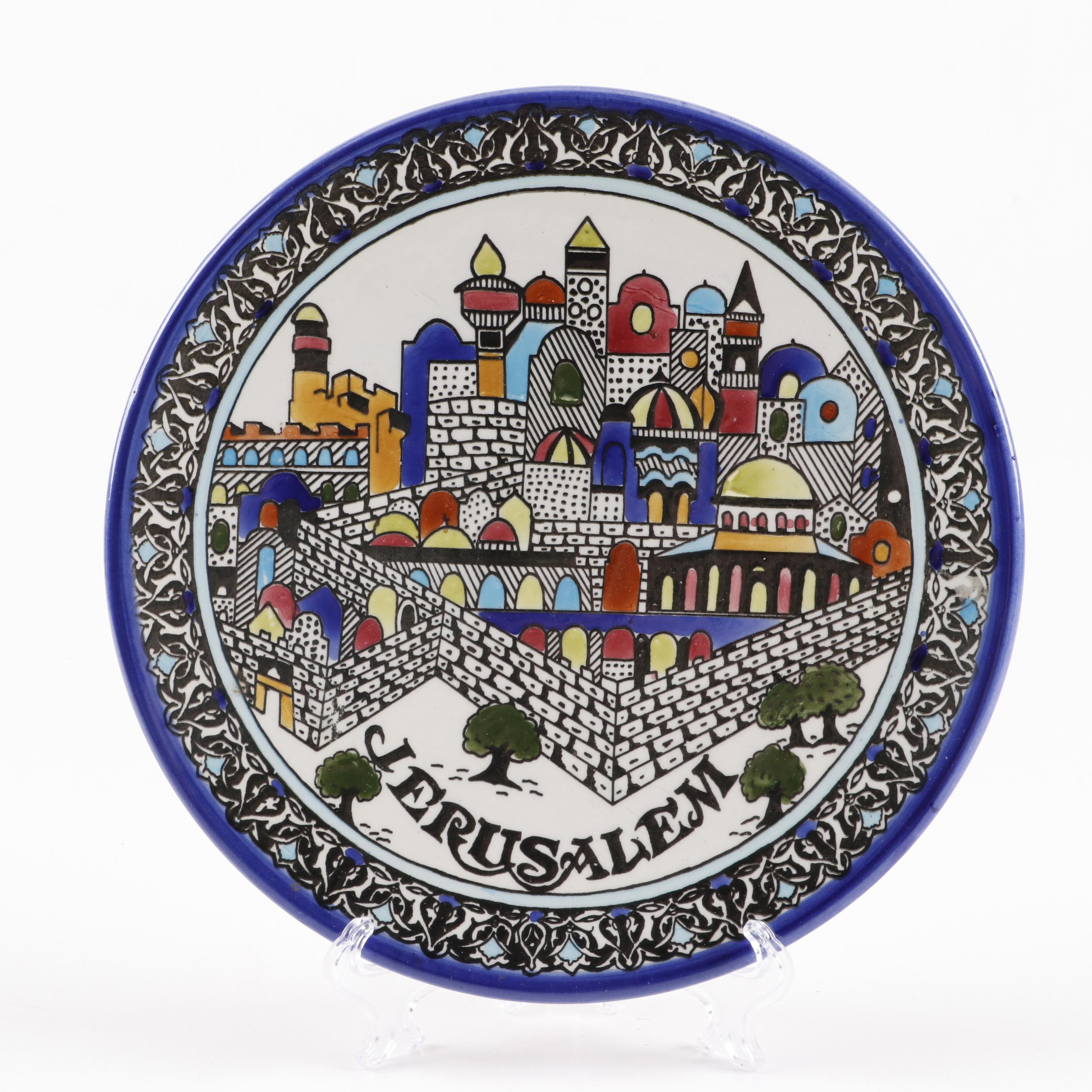 Hand Painted Ceramic "Jerusalem" Platter and Art Glass Plate EBTH