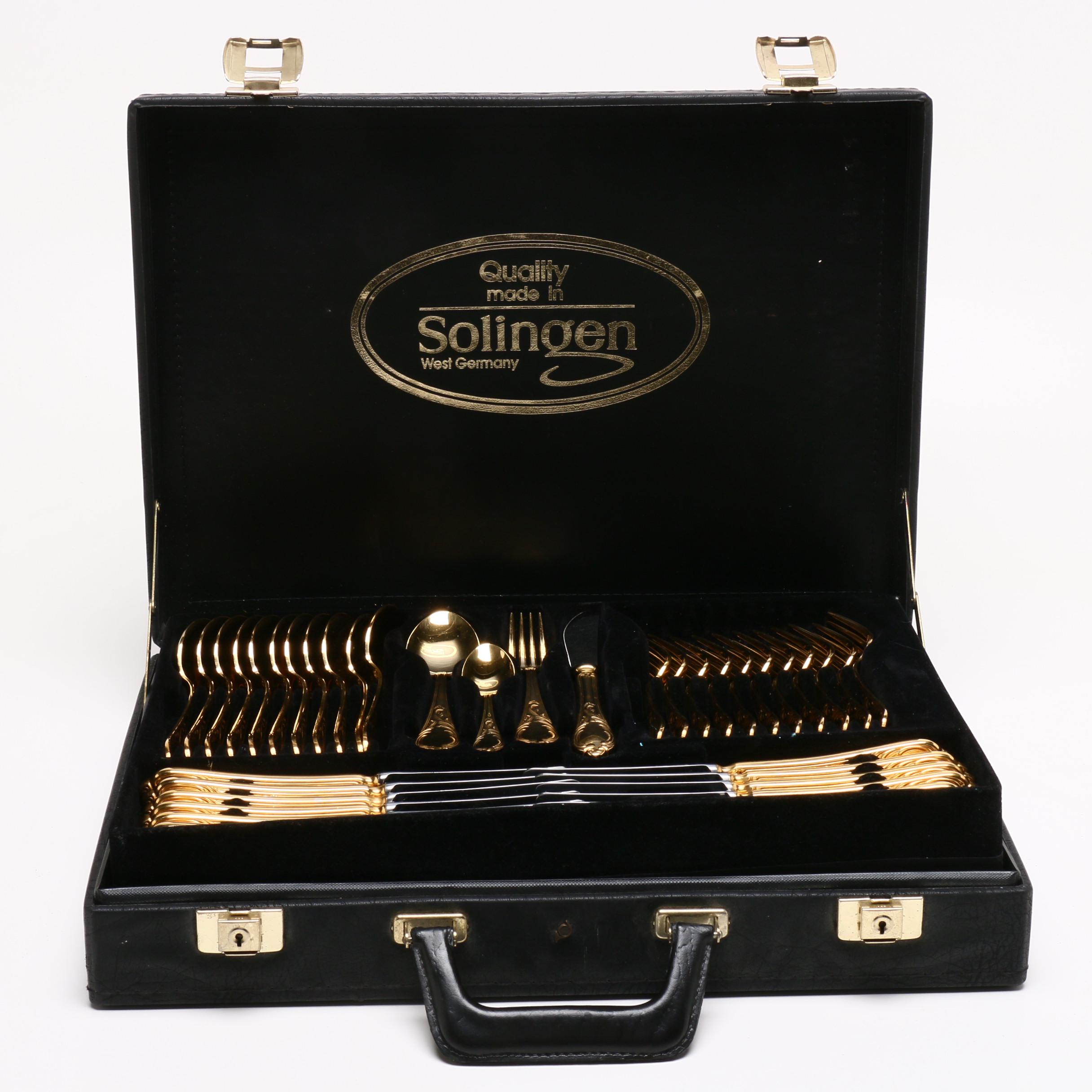 Solingen Germany Gold Plate Flatware Serving Set with Leather Carrying