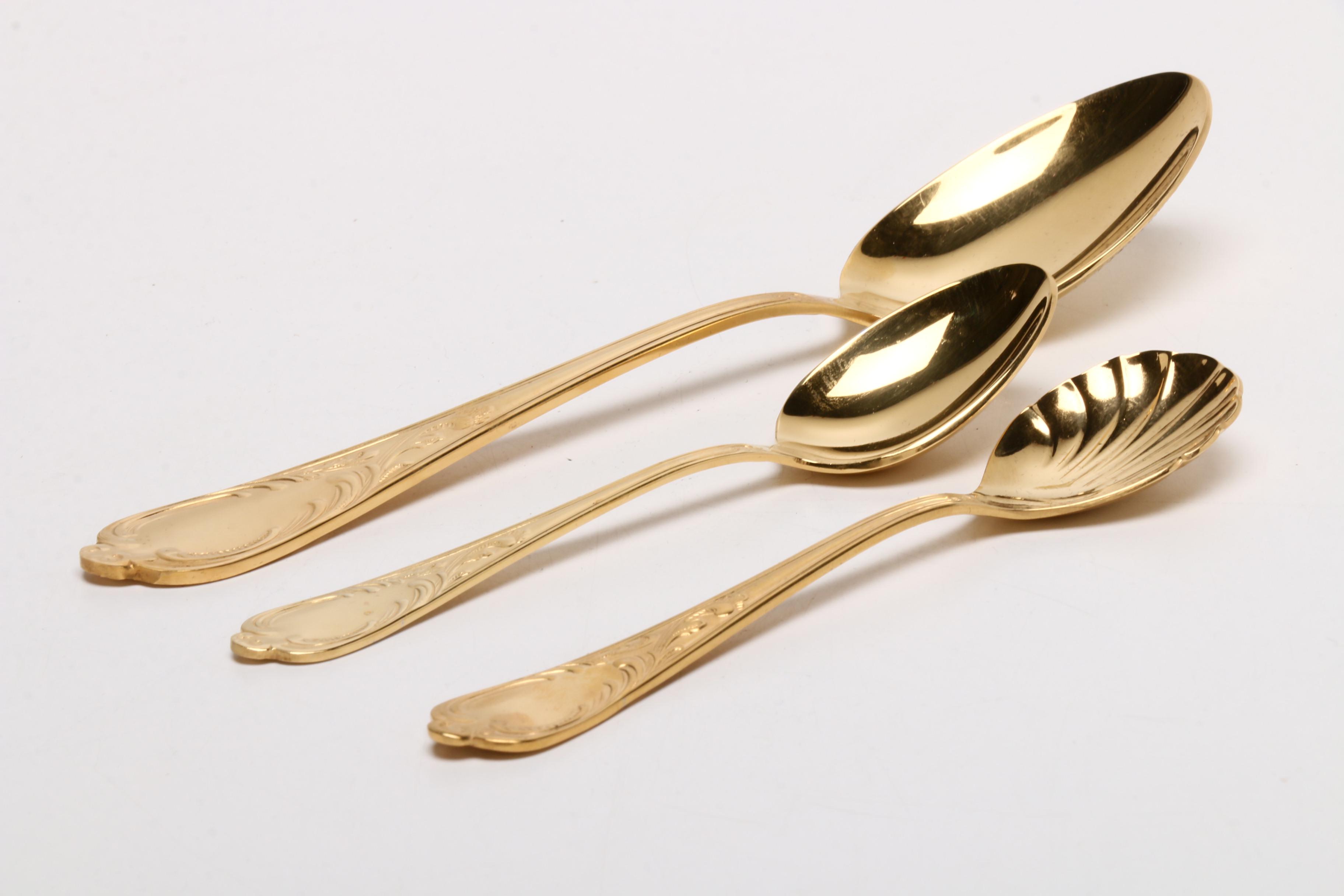 Solingen Germany Gold Plate Flatware Serving Set with Leather Carrying Case EBTH