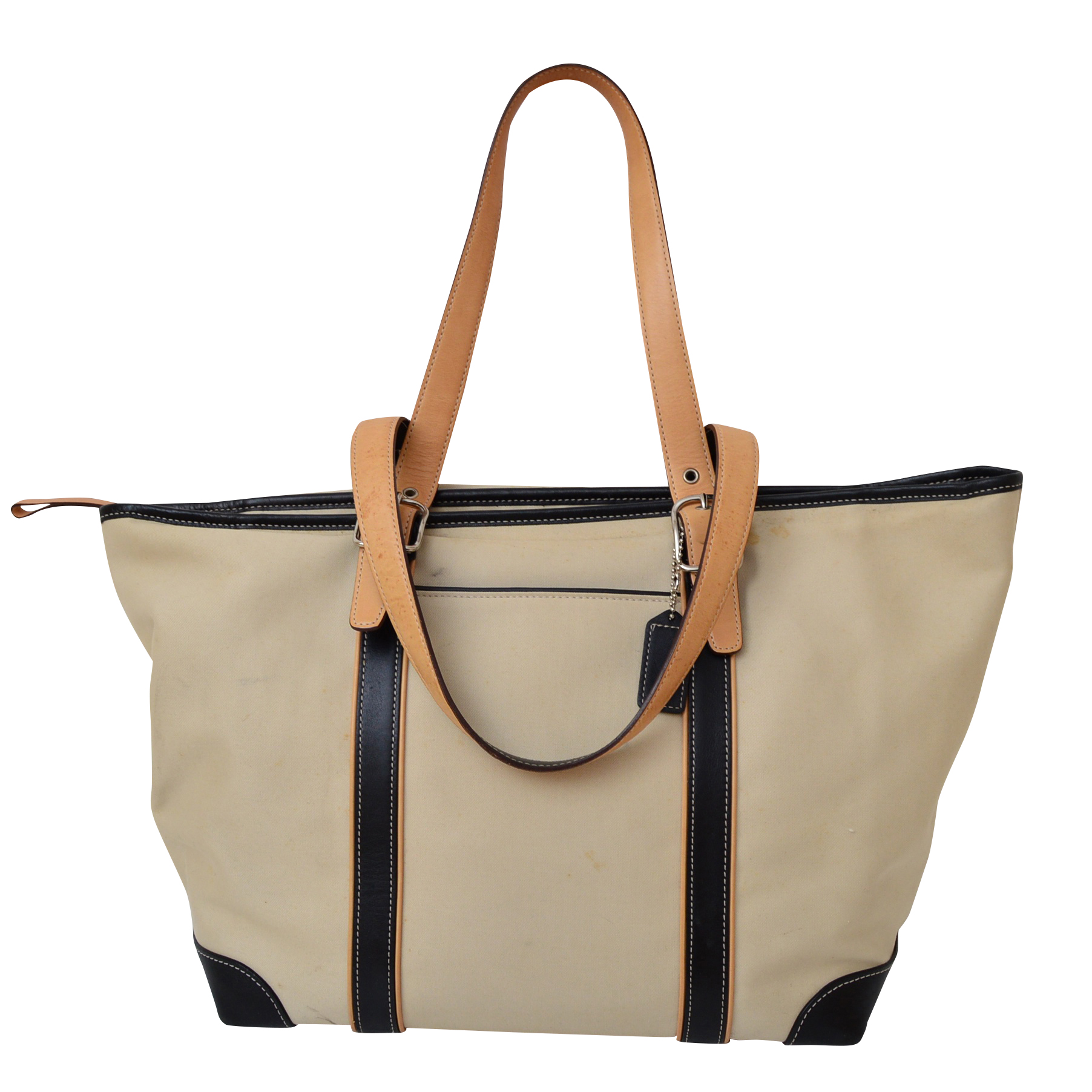 coach canvas tote with leather trim