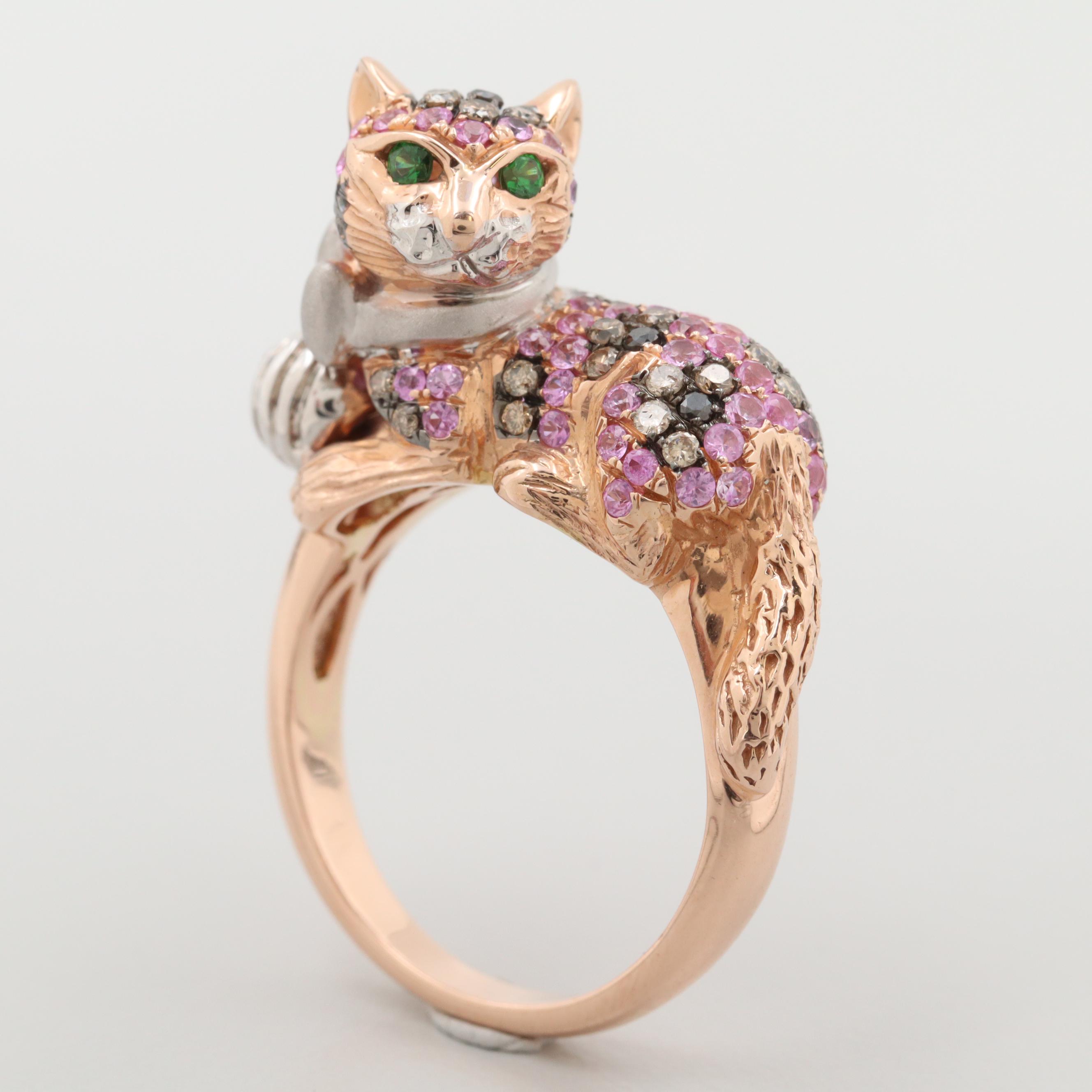 14K Rose  Gold  Cat  Ring with Mixed Gemstones and Diamonds 