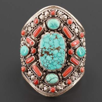 Tibetan Sterling Silver Turquoise and Coral Cuff Bracelet