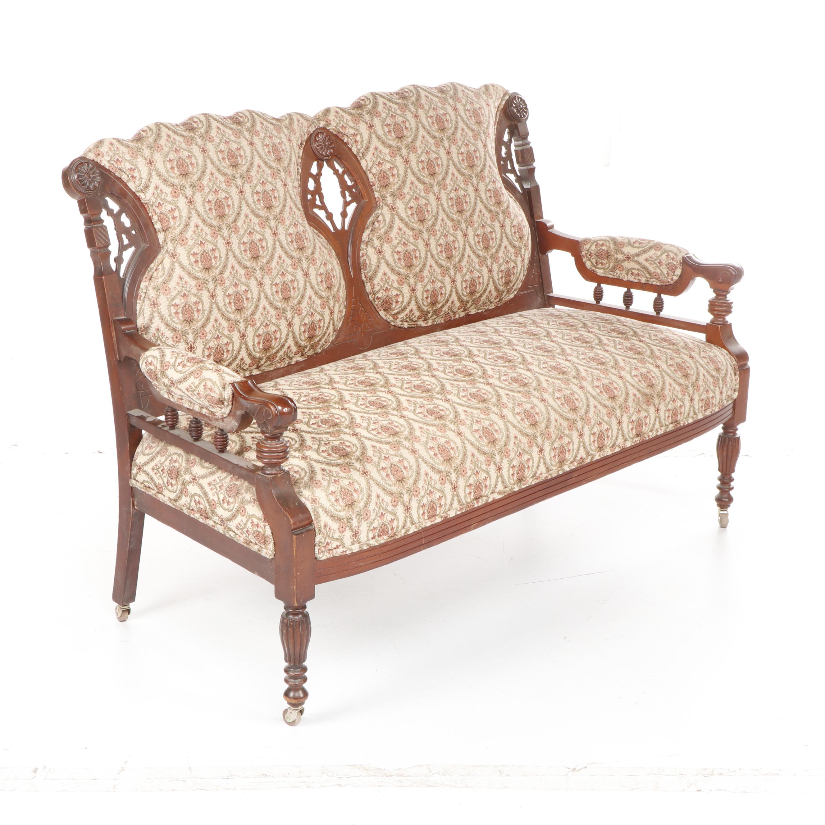 Late Victorian, Eastlake Style Upholstered And Carved Walnut Settee | EBTH