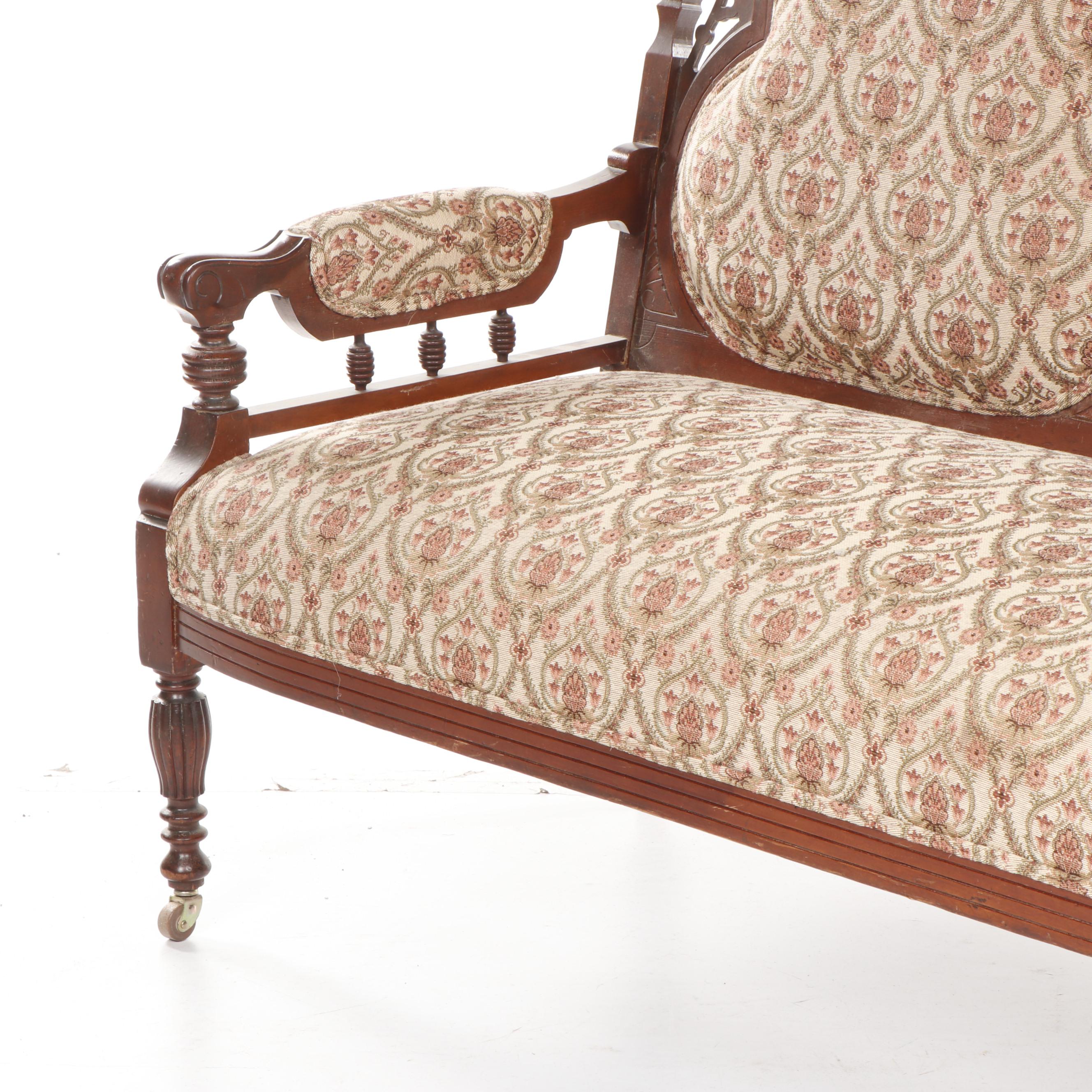 Late Victorian, Eastlake Style Upholstered And Carved Walnut Settee | EBTH