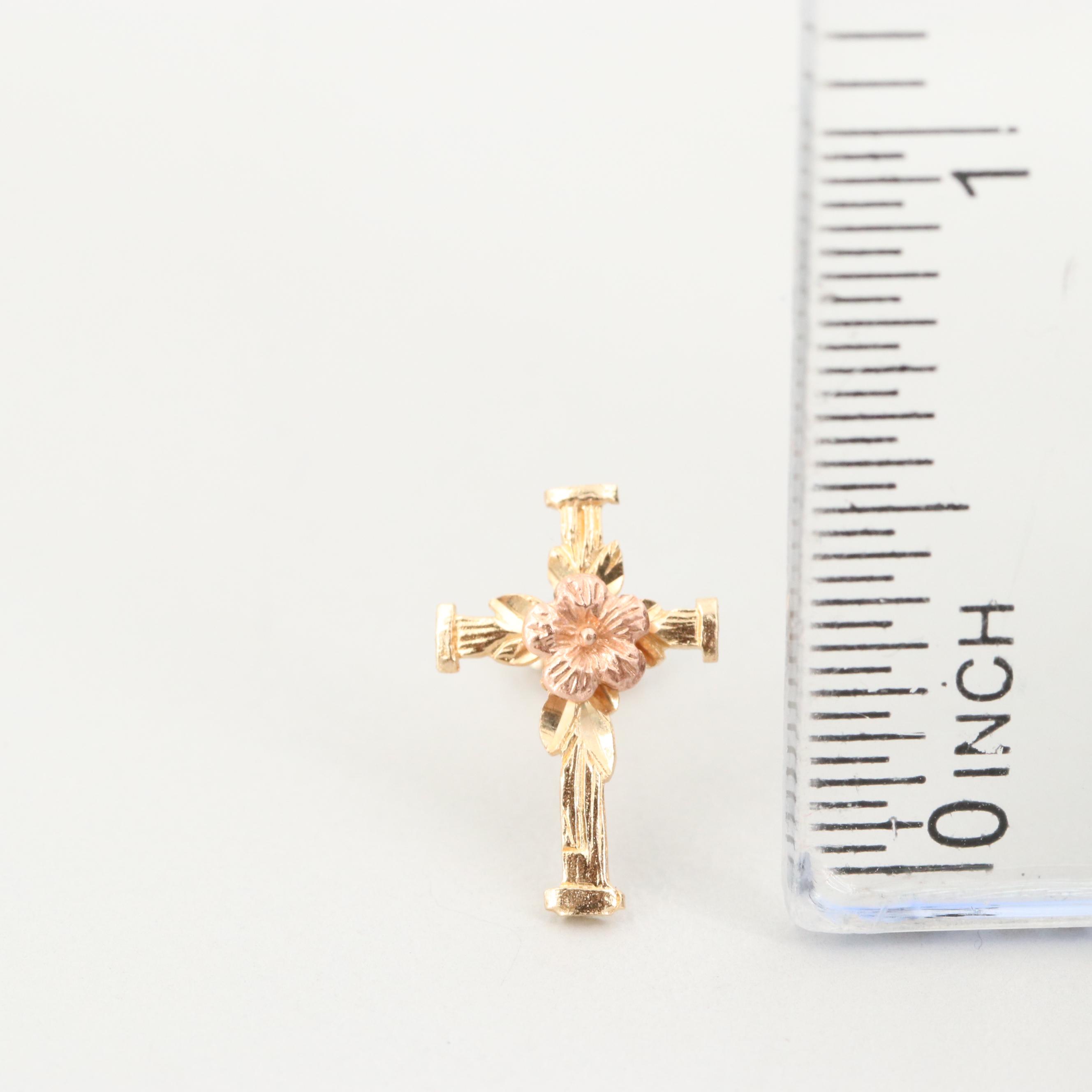 14K Yellow Gold Cross Earrings with Rose Gold Floral Accents EBTH