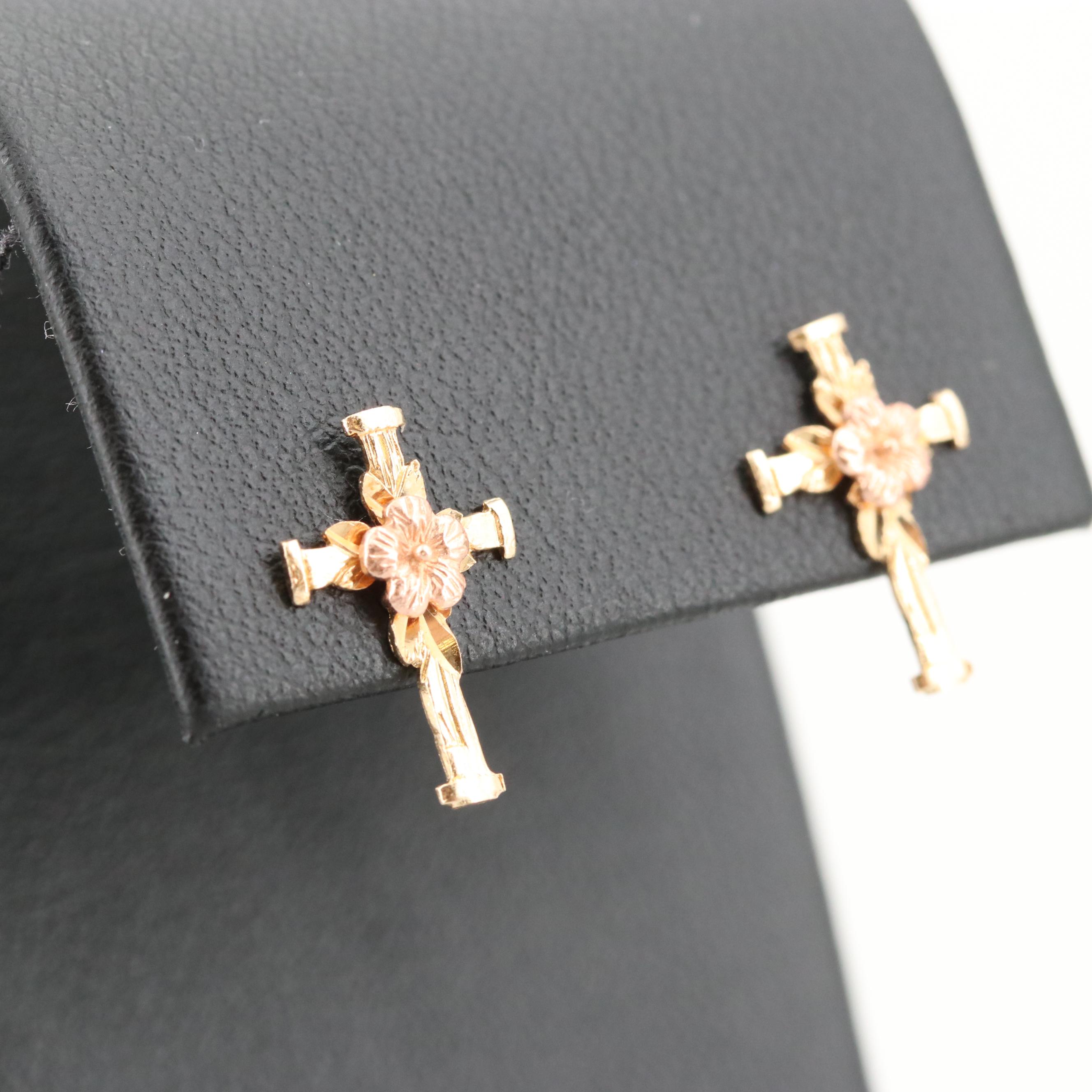 14K Yellow Gold Cross Earrings with Rose Gold Floral Accents EBTH