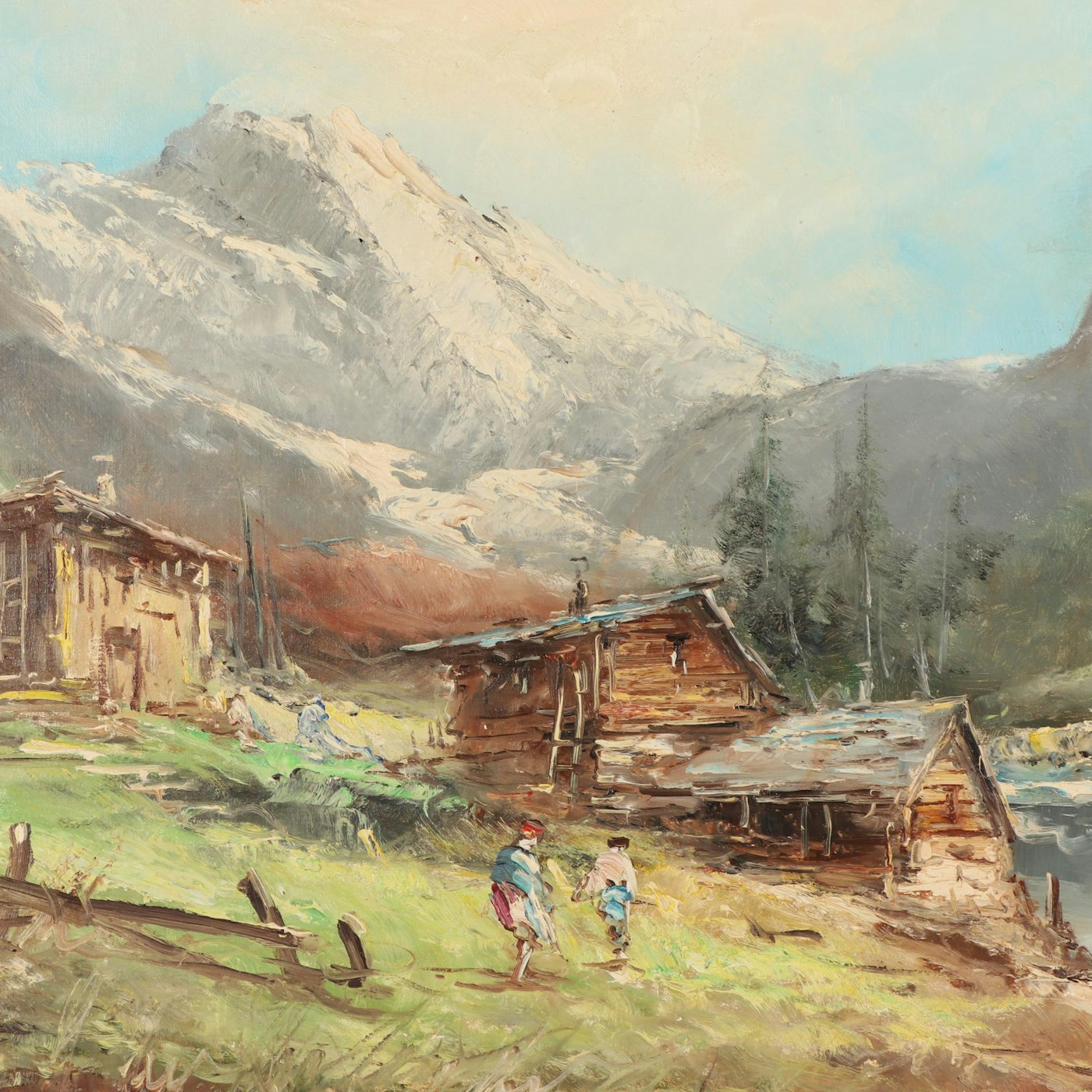 Swiss Alps Mountain Painting with Shepherd and Sheep 