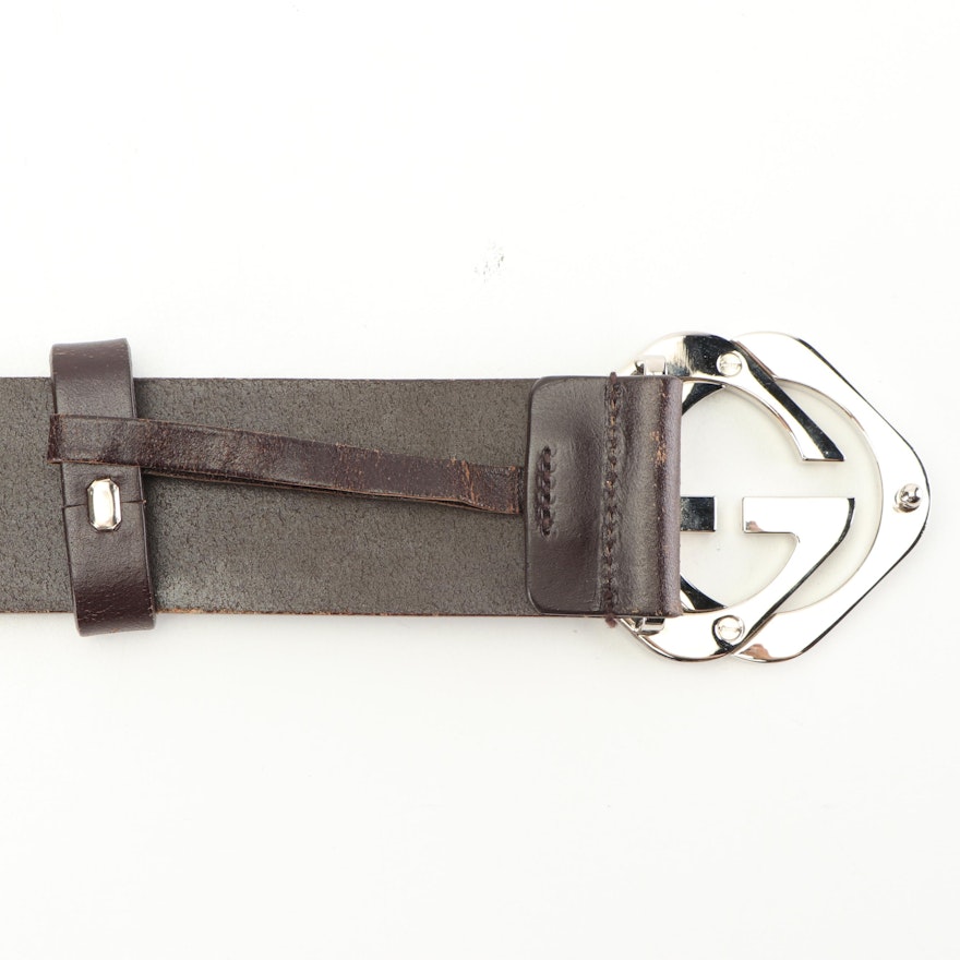 Gucci GG Brown Leather Belt with Silver Tone Buckle, Made in Italy | EBTH