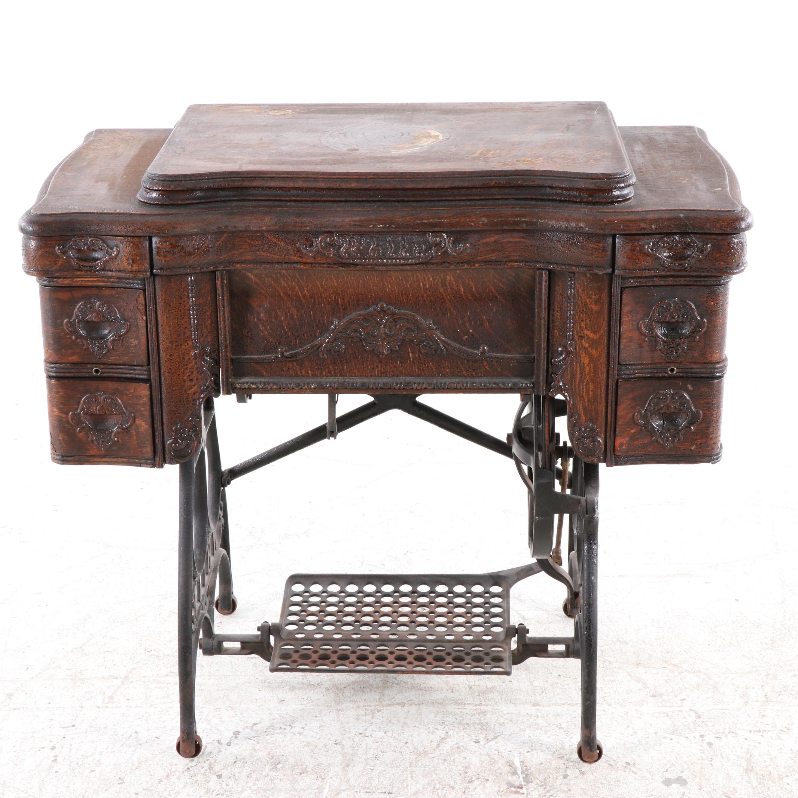 White Family Rotary Sewing Machine Treadle Table, Early 20th Century EBTH