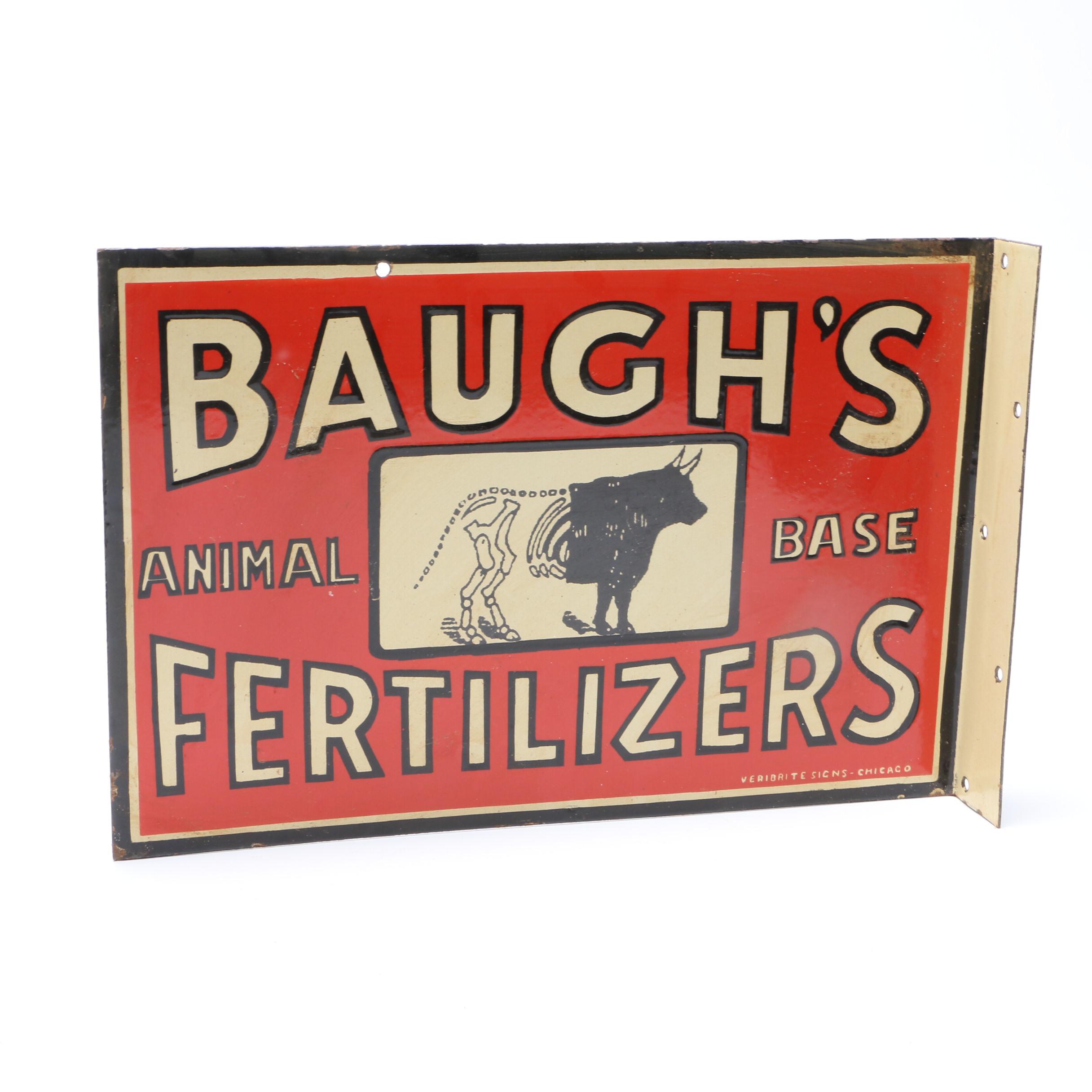 "Baugh's Fertilizer" Flange Porcelain Sign Manufactured by Veribrite, Chicago EBTH