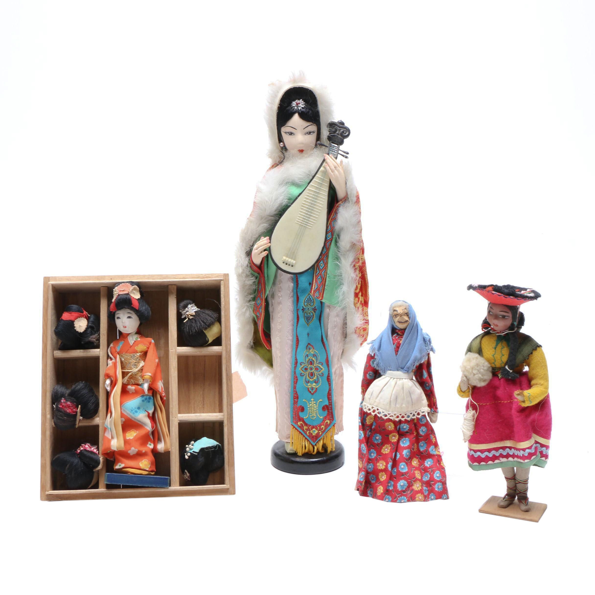 Souvenir Travel Dolls Including Japanese Doll with Interchangeable Wigs