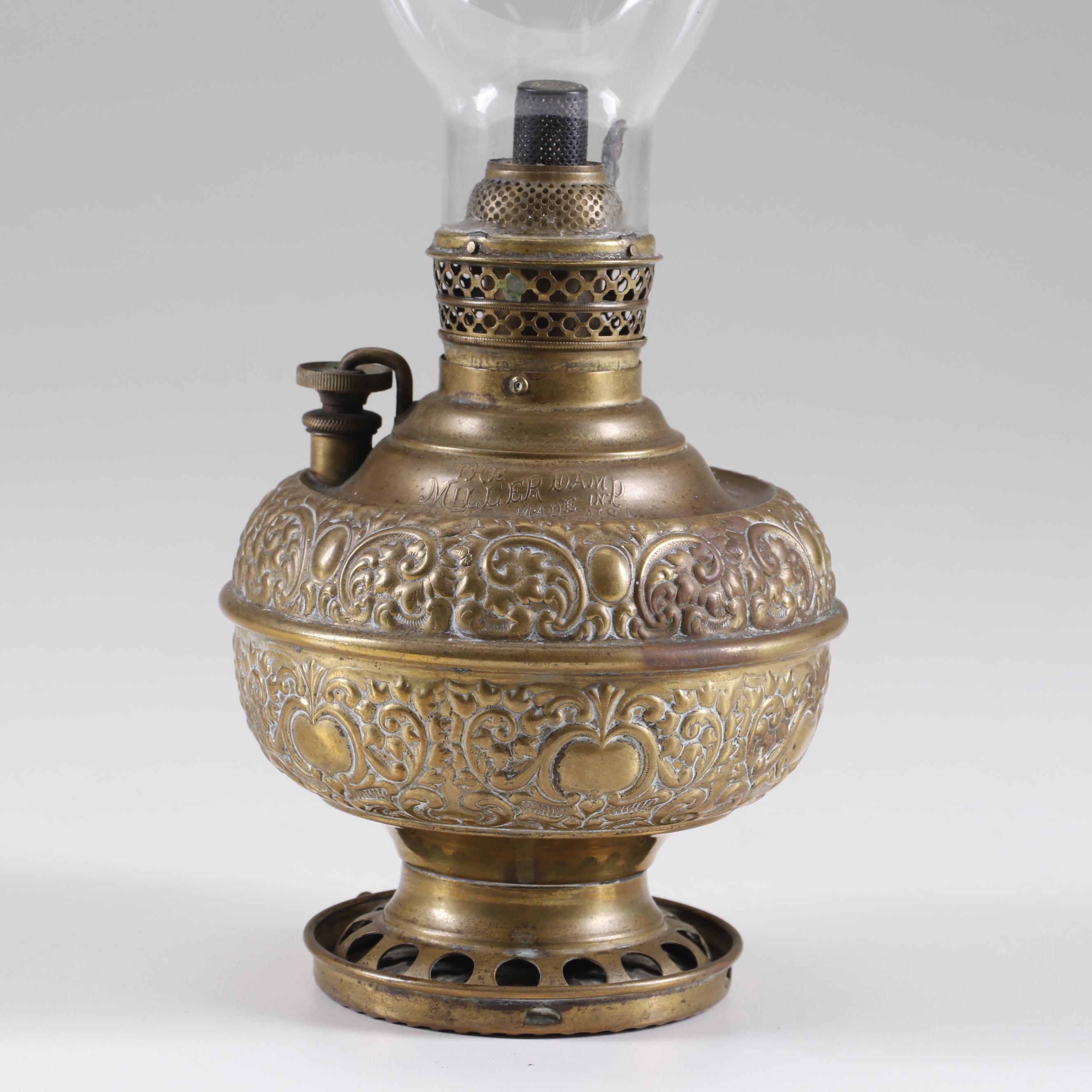Miller Repoussé Brass Oil Lamp with Glass Hurricane, Late 19th Century